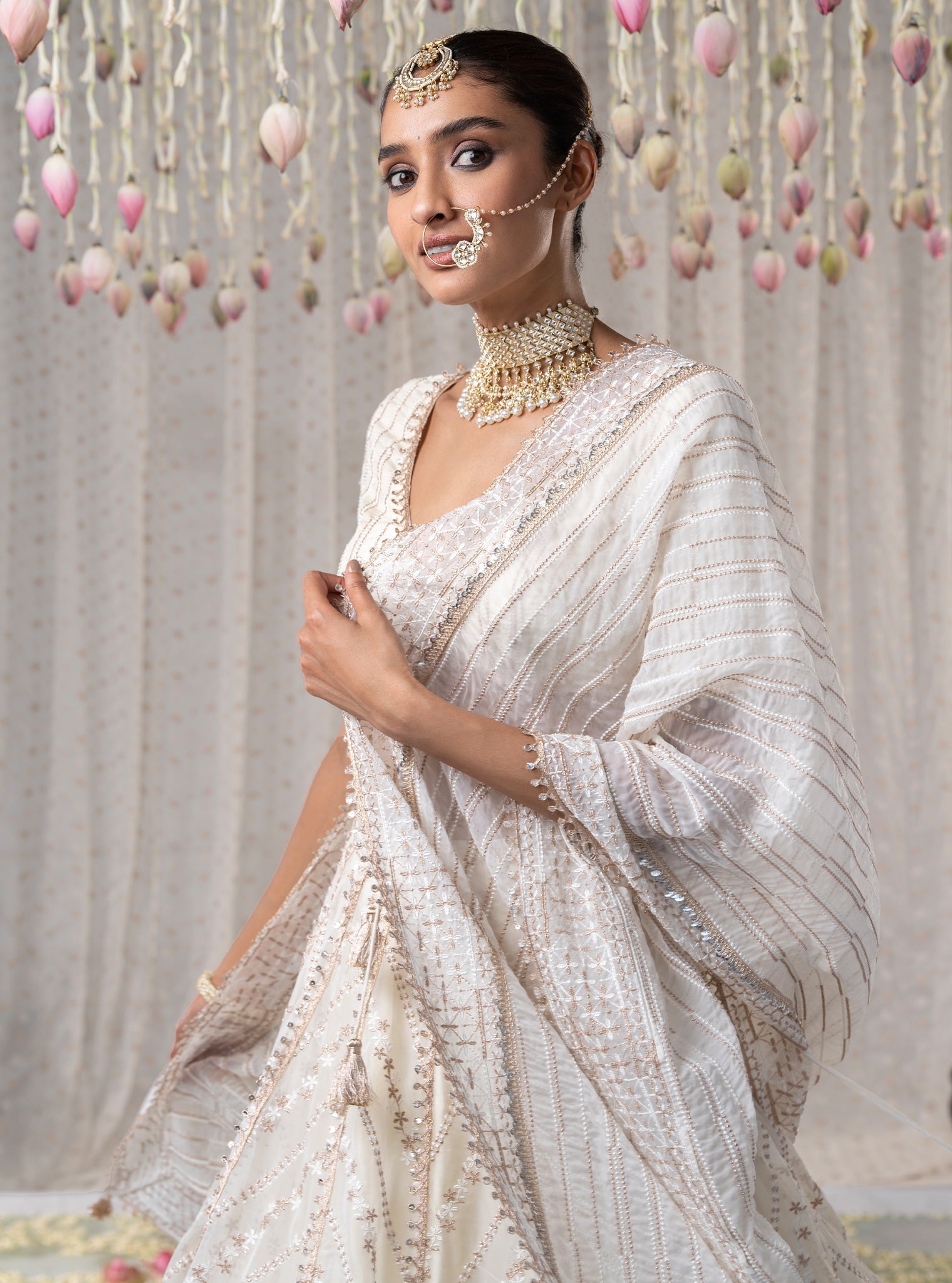 Mulmul Organza Gulmohar Off White Lehenga