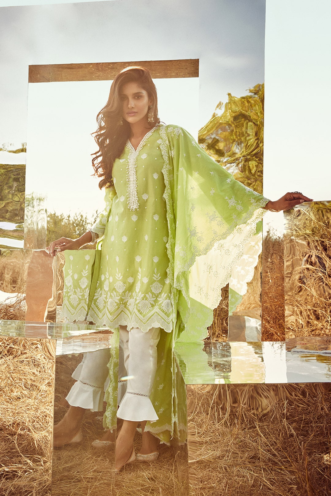 Mulmul Cotton Gardencress Lime Green Kurta With Umbrella Frill White Pyajama