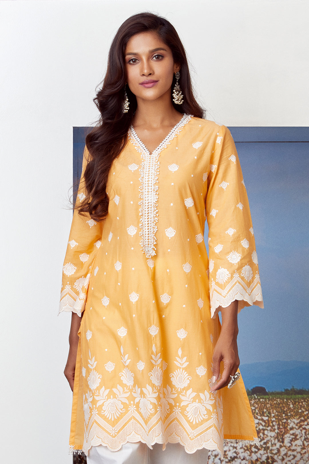 Mulmul Cotton Gardeencress Orange Kurta With New Harem White Pyajama