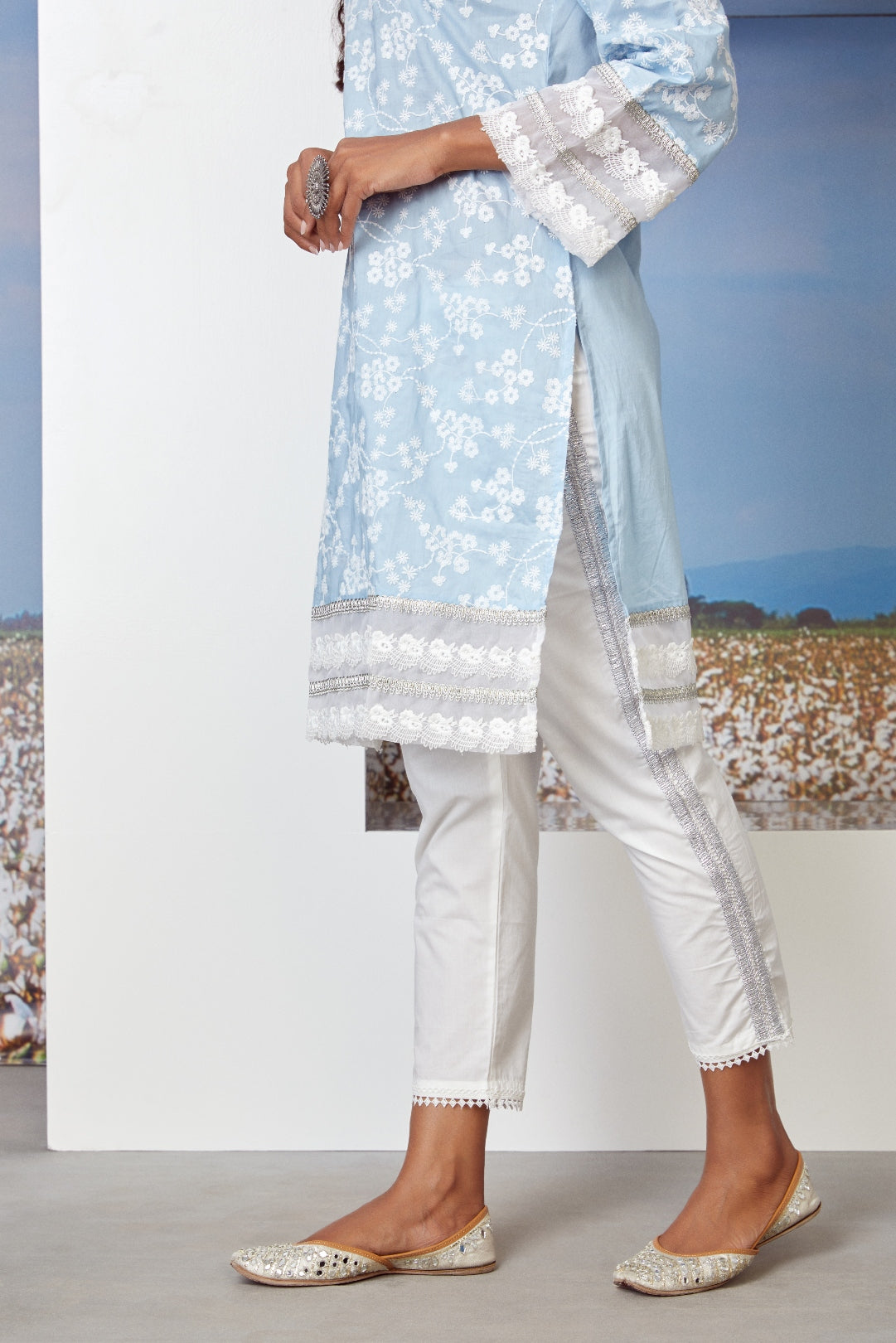 Mulmul Cotton Viva Light Blue Kurta With Gota Stripe White Pyajama