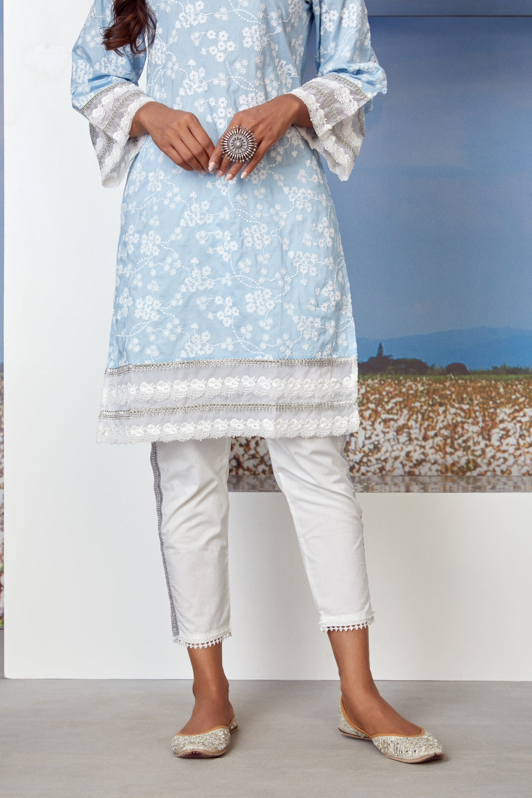 Mulmul Cotton Viva Light Blue Kurta With Gota Stripe White Pyajama