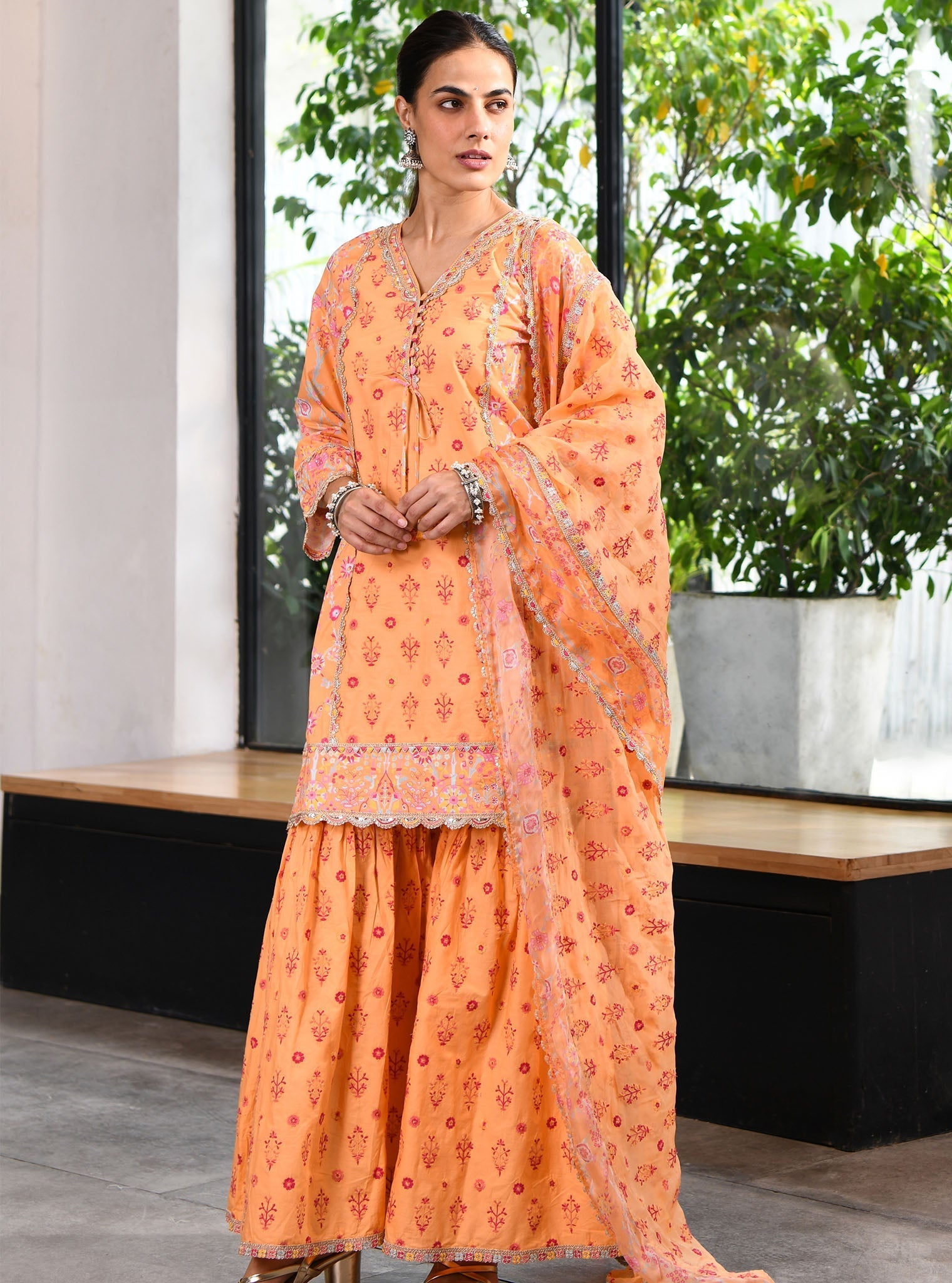 Mulmul Cotton Harper Orange Kurta With Harper Orange Sharara