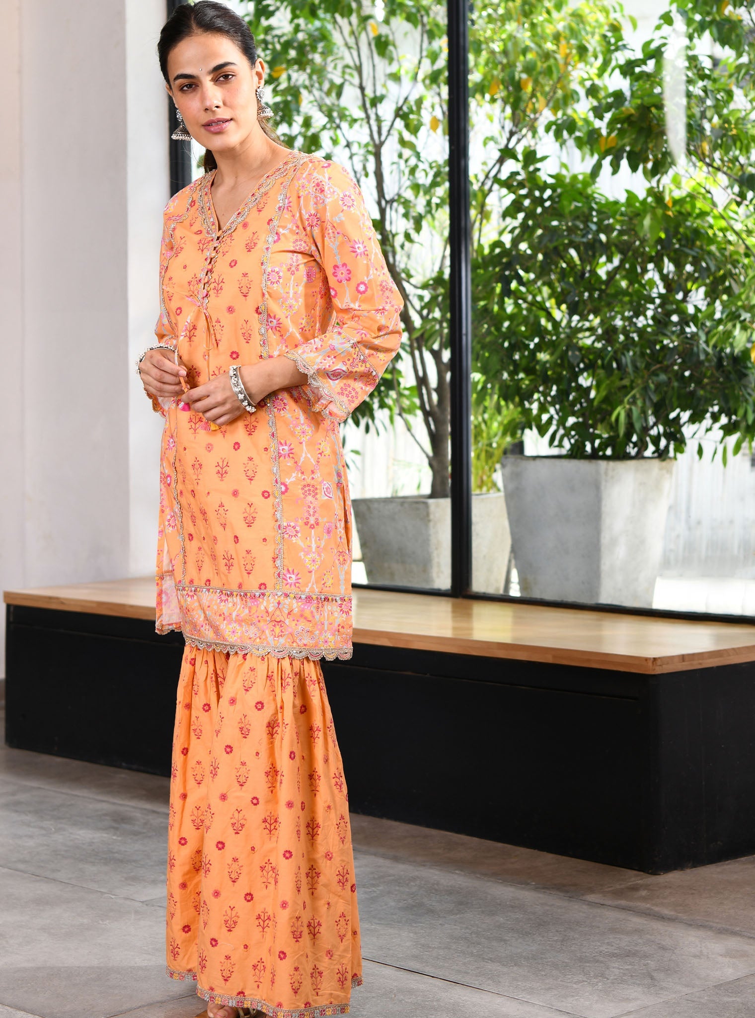 Mulmul Cotton Harper Orange Kurta With Harper Orange Sharara