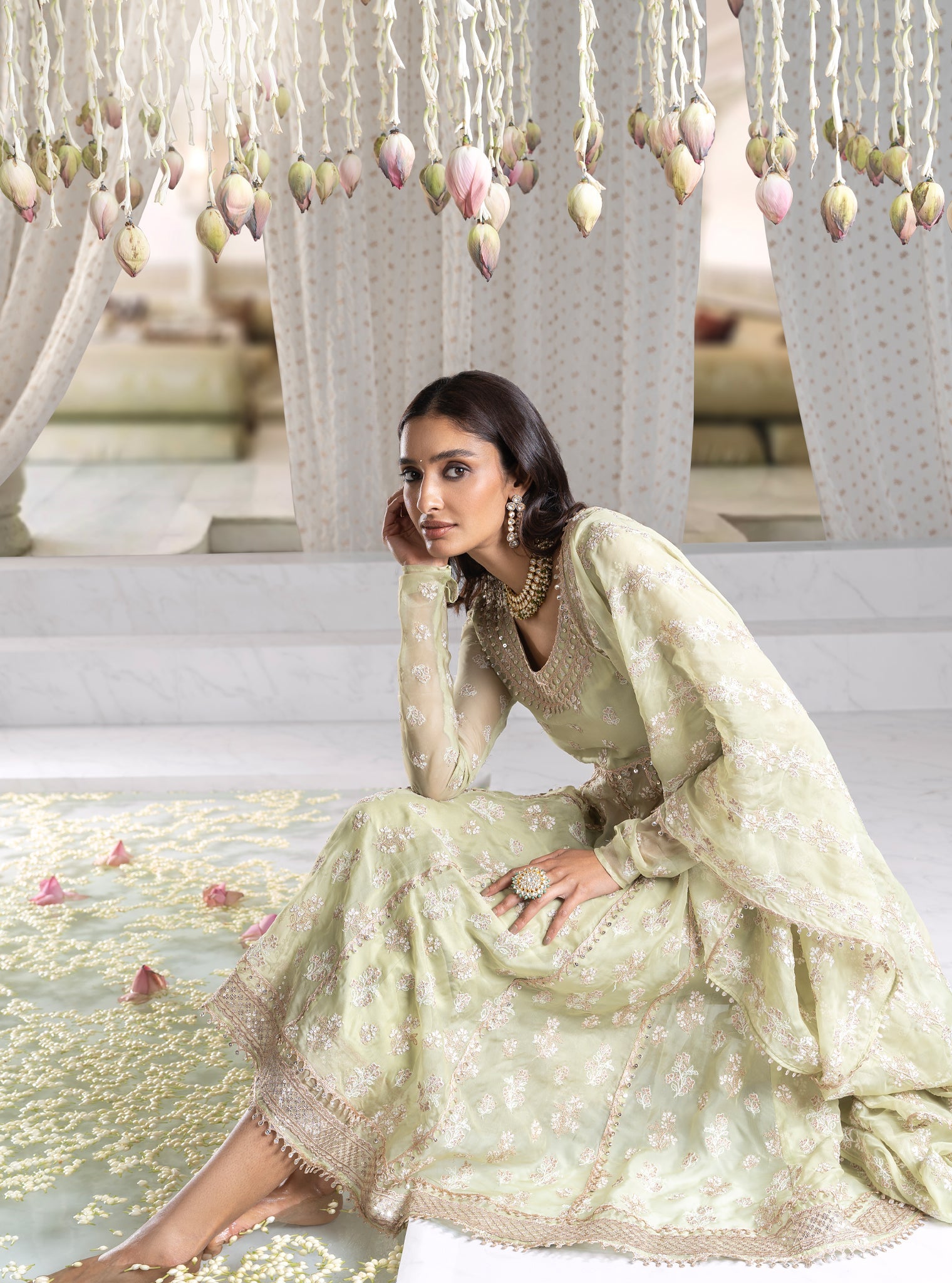 Mulmul Organza Iktara Anarkali Green Kurta With Mulmul Pima Iktara Green Pant