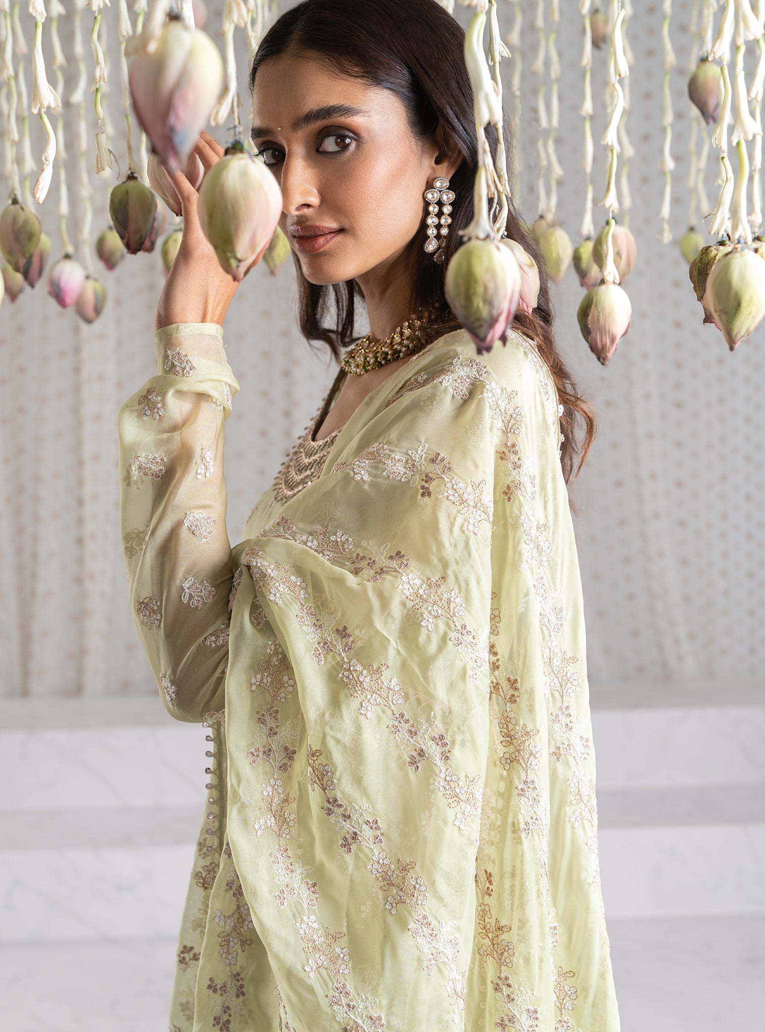 Mulmul Organza Iktara Anarkali Green Kurta With Mulmul Pima Iktara Green Pant