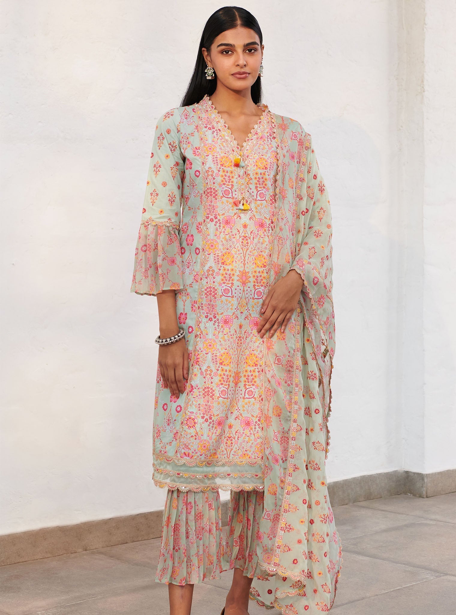 Mulmul Cotton Isla Green Kurta With Isla Green Pant