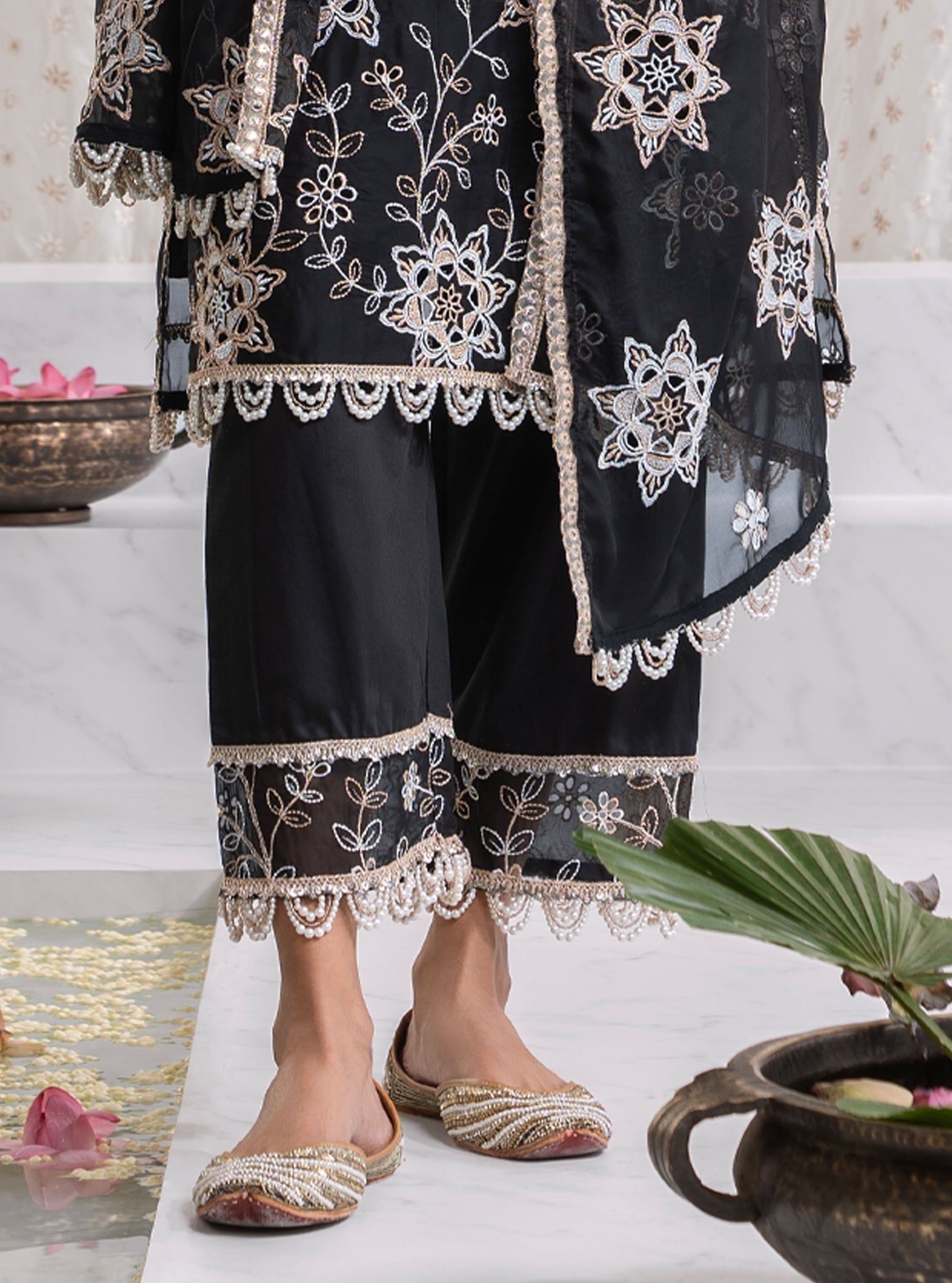 Mulmul Organza Jugni Black Kurta With Mulmul Pima Jugni Black Pant