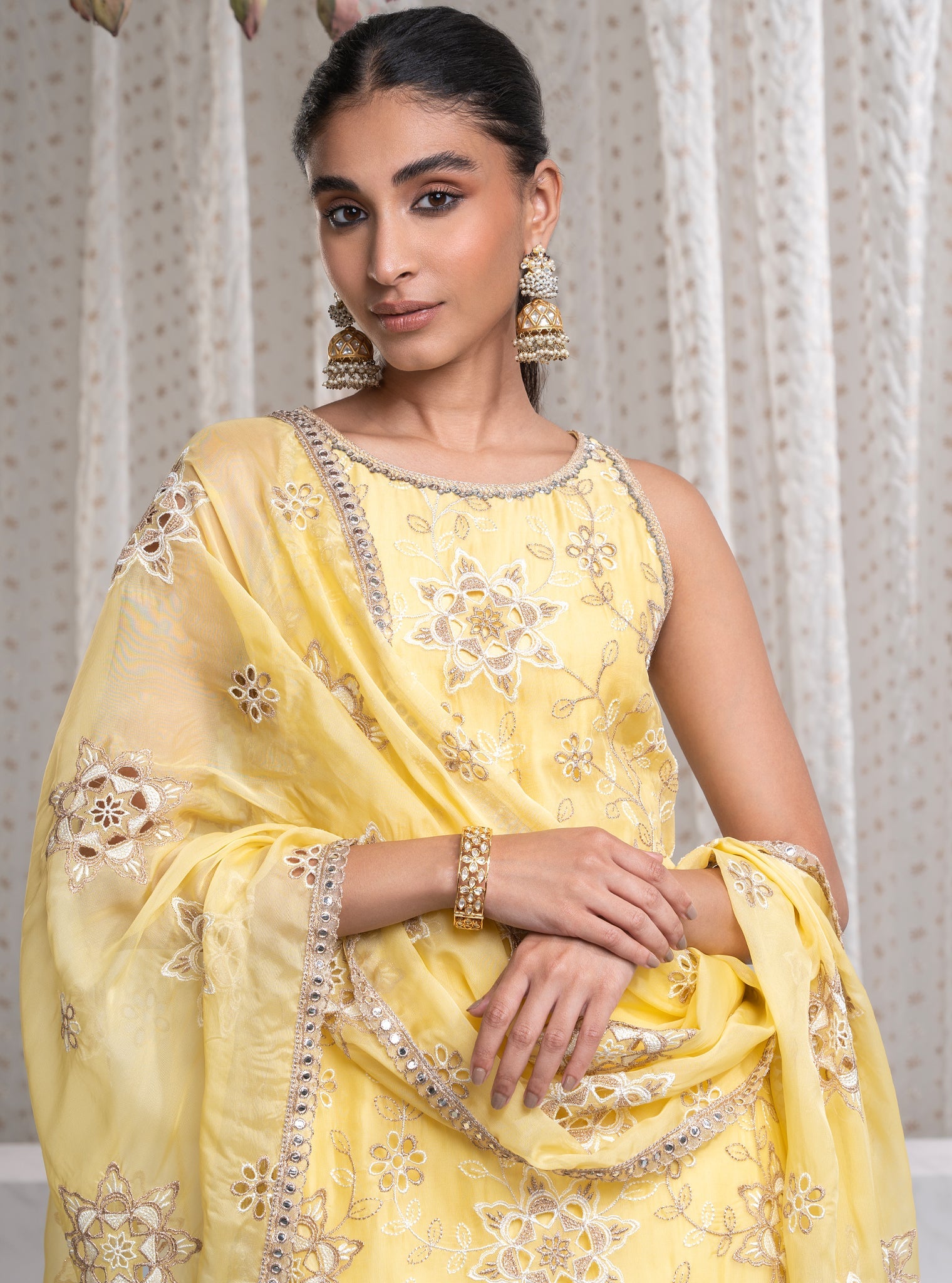 Mulmul Organza Jugni Yellow Kurta With Mulmul Pima Jugni Yellow Pant