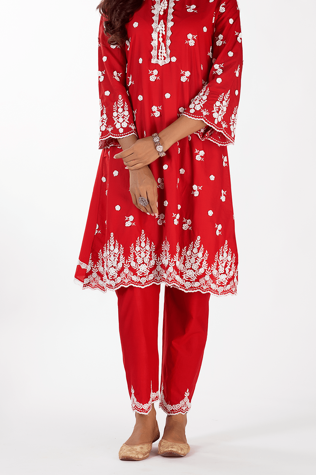 Mulmul Cotton Jade Red kurta With Jade Pant Red