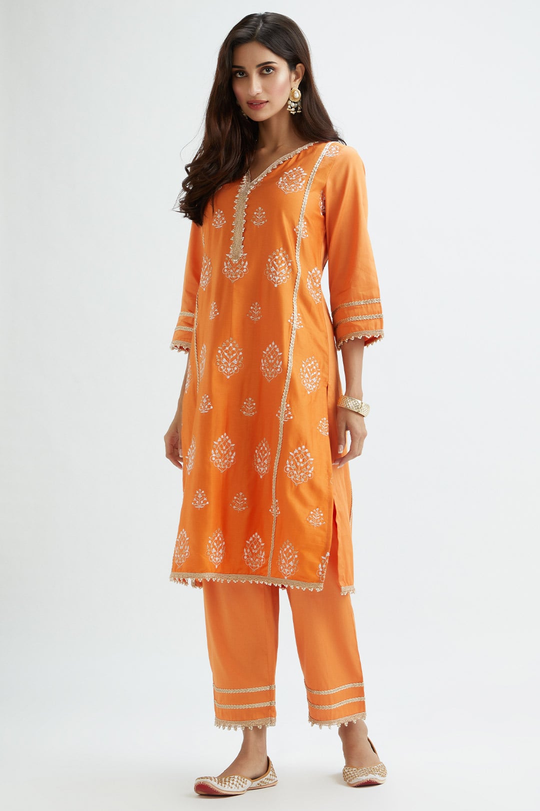 Mulmul Supima Satin Jane Orange Kurta With Jane Orange Pant