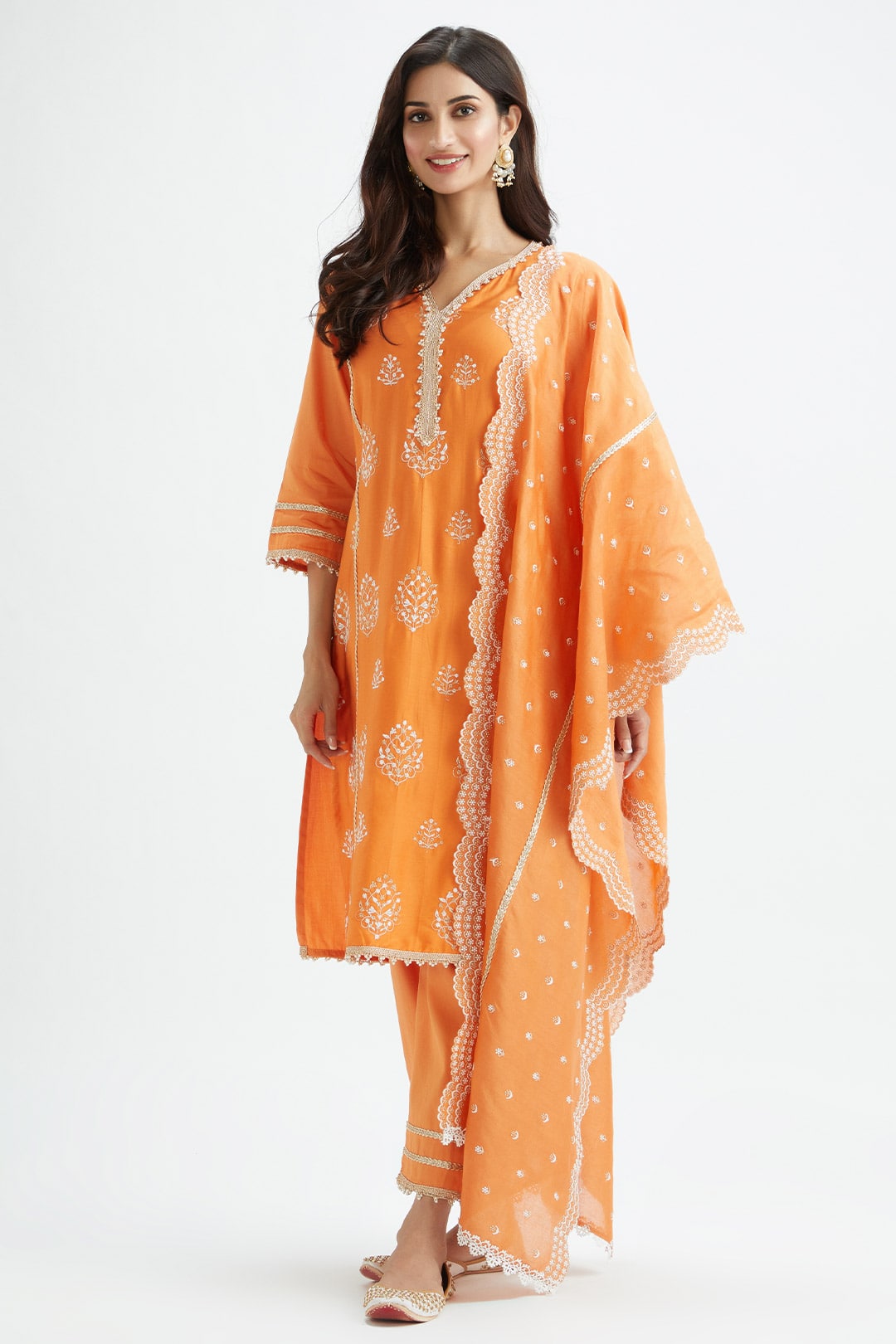 Mulmul Supima Satin Jane Orange Kurta With Jane Orange Pant