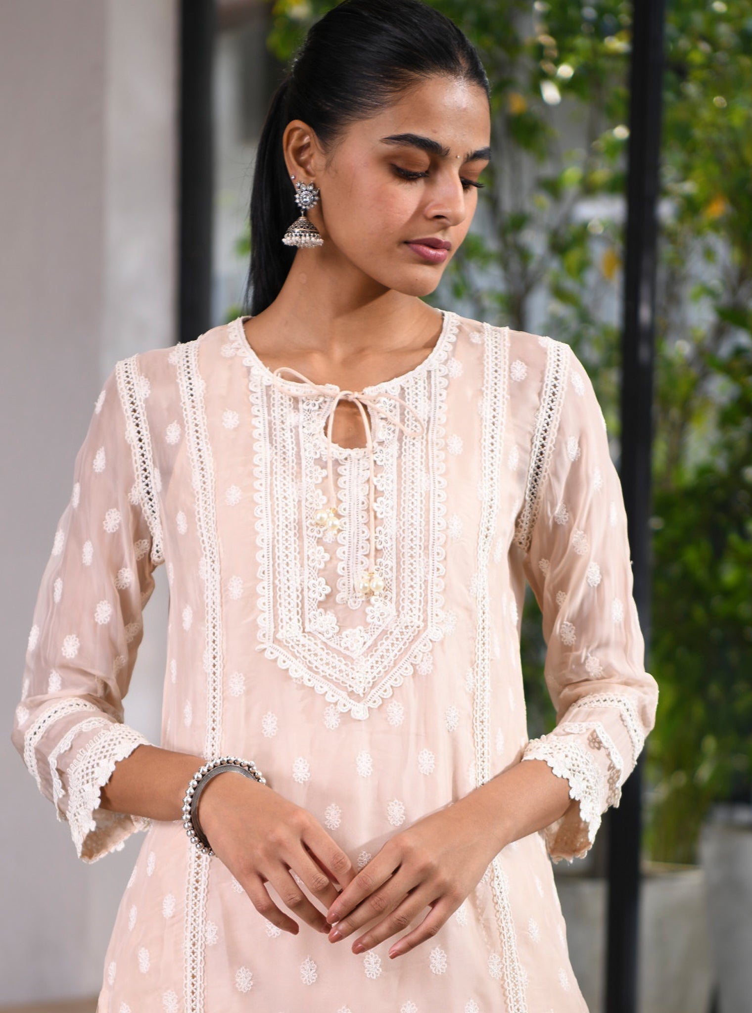 Mulmul Organza Jankia Beige Kurta With Mulmul Cotton Jankia Beige pant