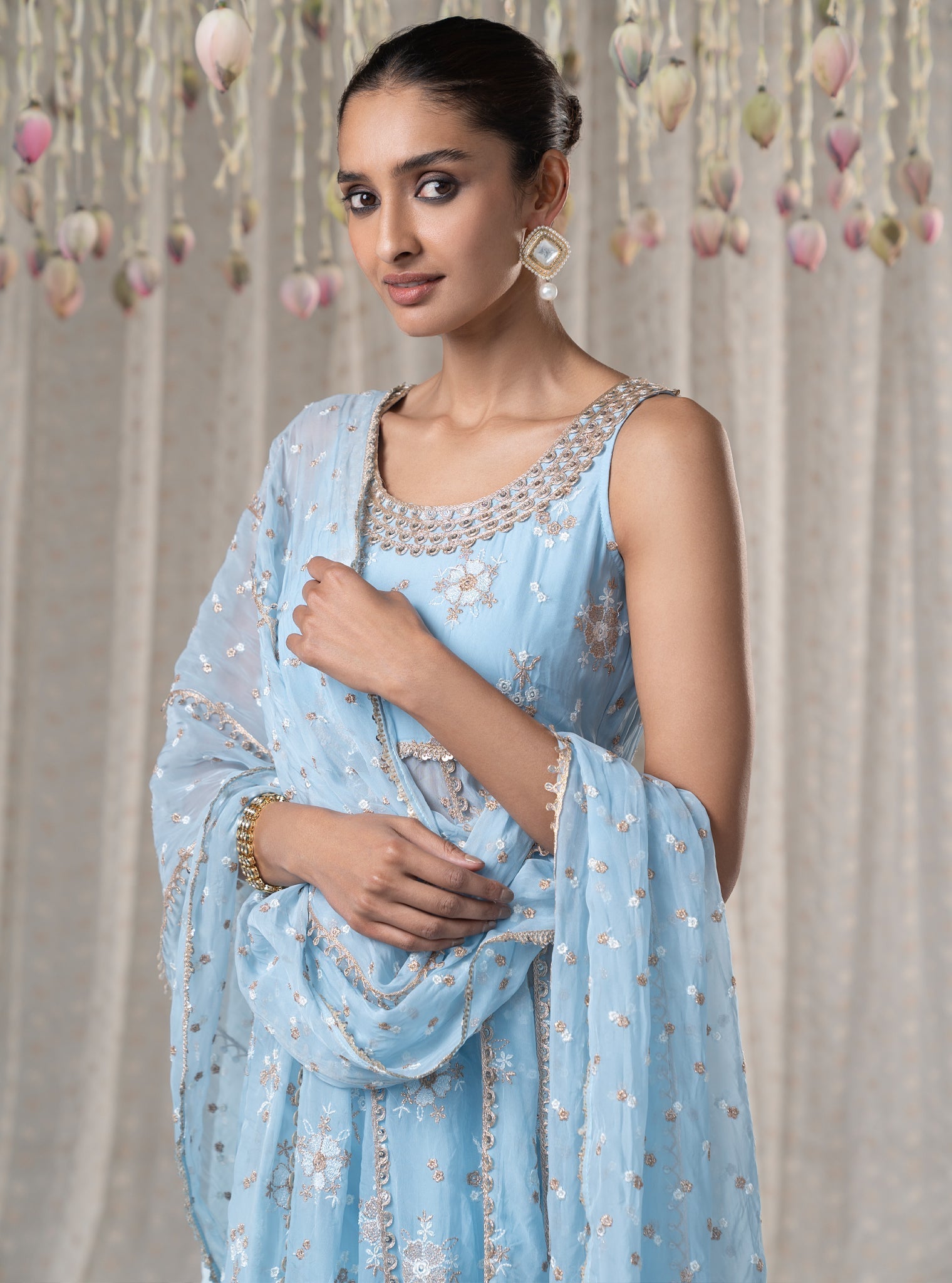 Mulmul Organza Kesariya Anarkali Blue Kurta With Mulmul Pima Kesariya Blue Pant