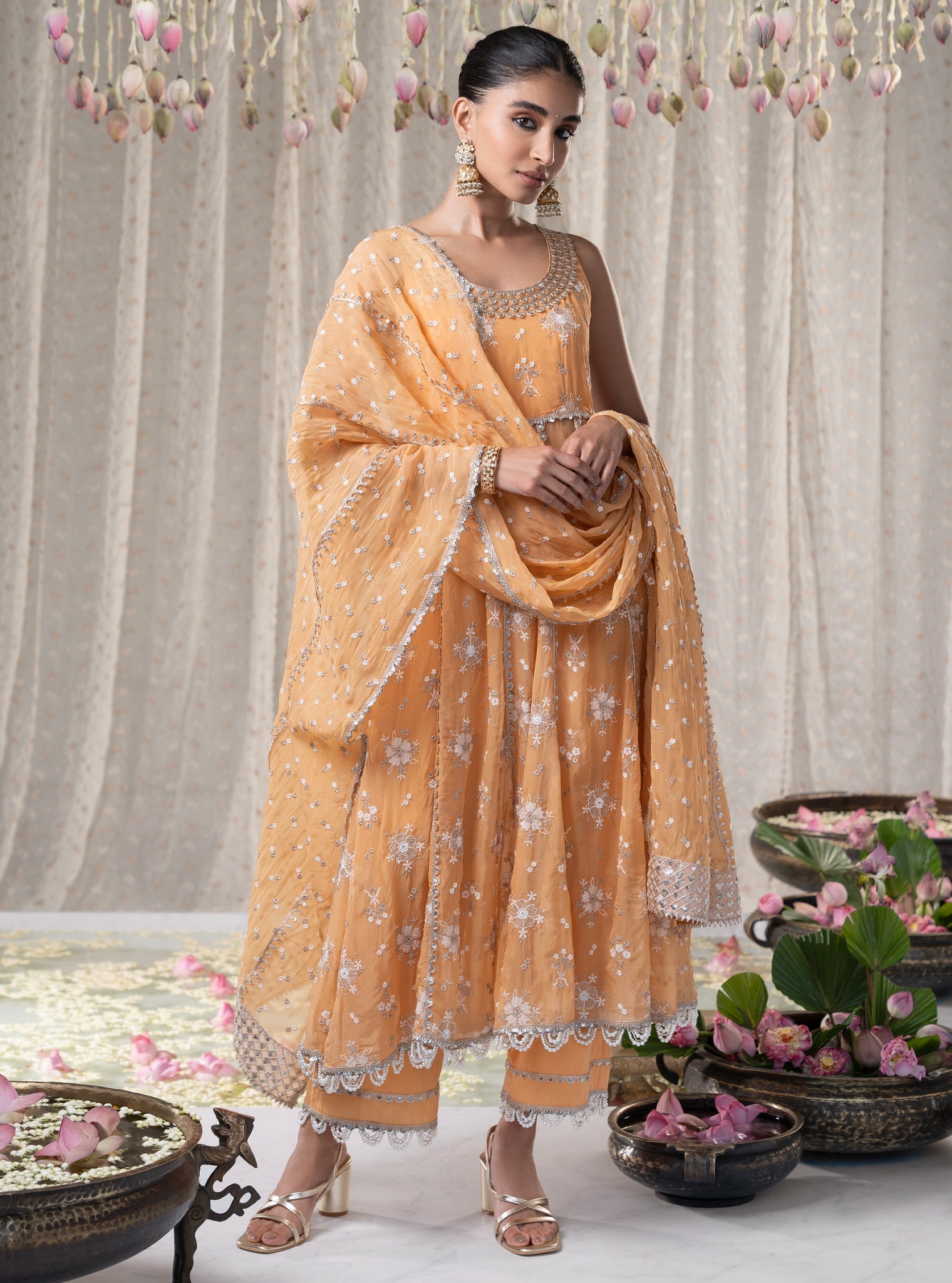 Mulmul Organza Kesariya Anarkali Orange Kurta With Mulmul Pima Kesariya Orange Pant