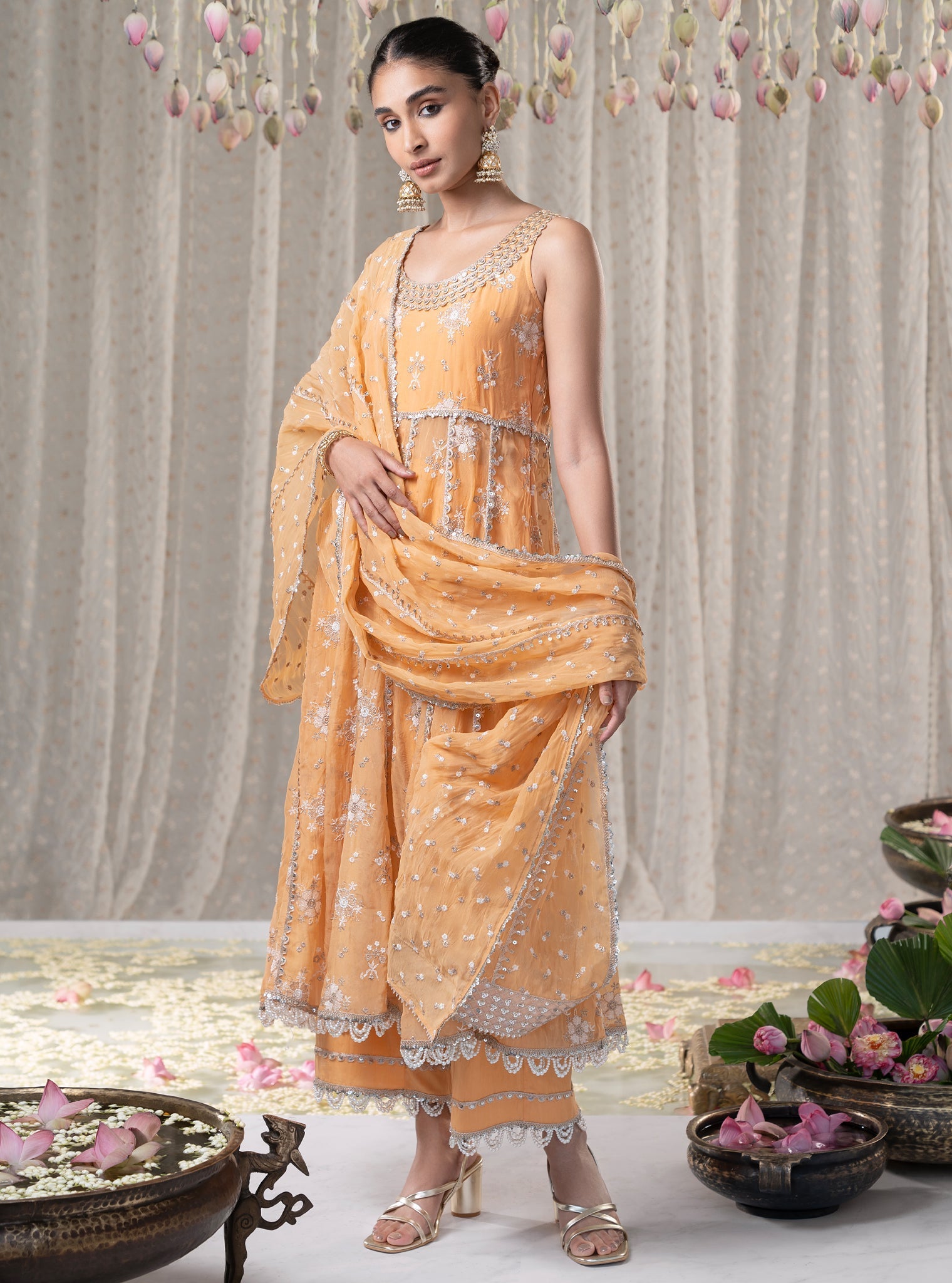 Mulmul Organza Kesariya Anarkali Orange Kurta With Mulmul Pima Kesariya Orange Pant