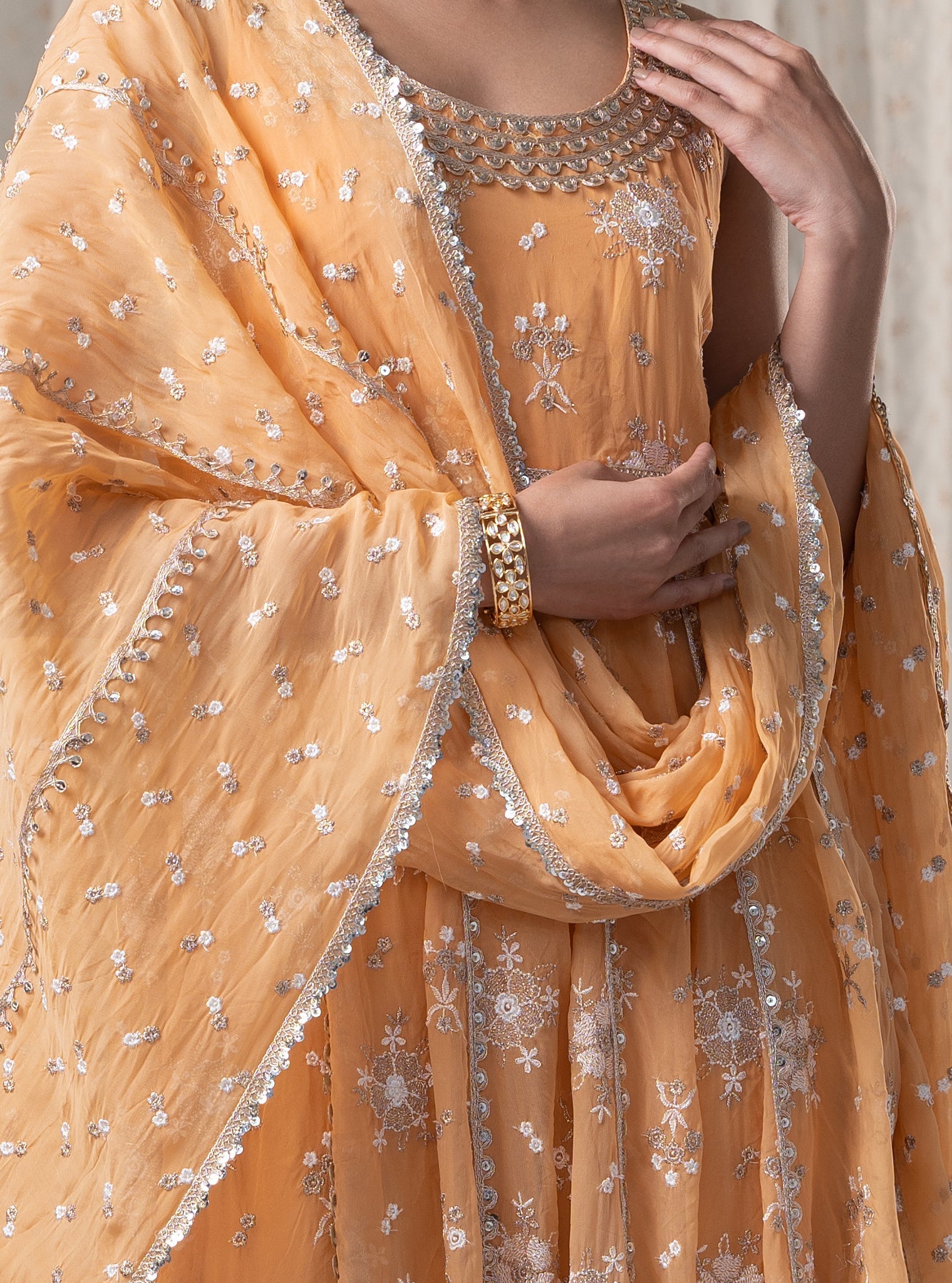 Mulmul Organza Kesariya Anarkali Orange Kurta With Mulmul Pima Kesariya Orange Pant