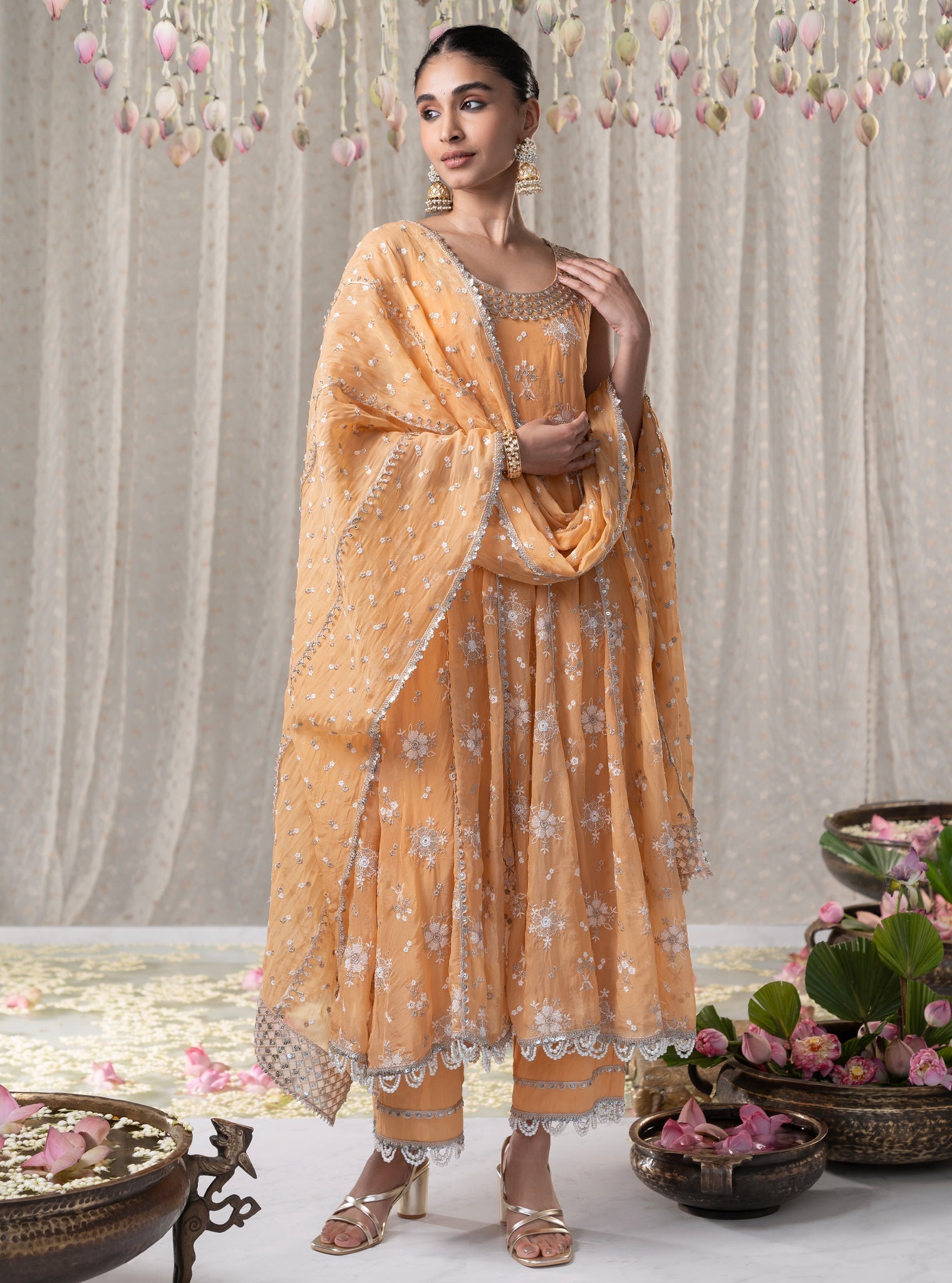 Mulmul Organza Kesariya Anarkali Orange Kurta With Mulmul Pima Kesariya Orange Pant