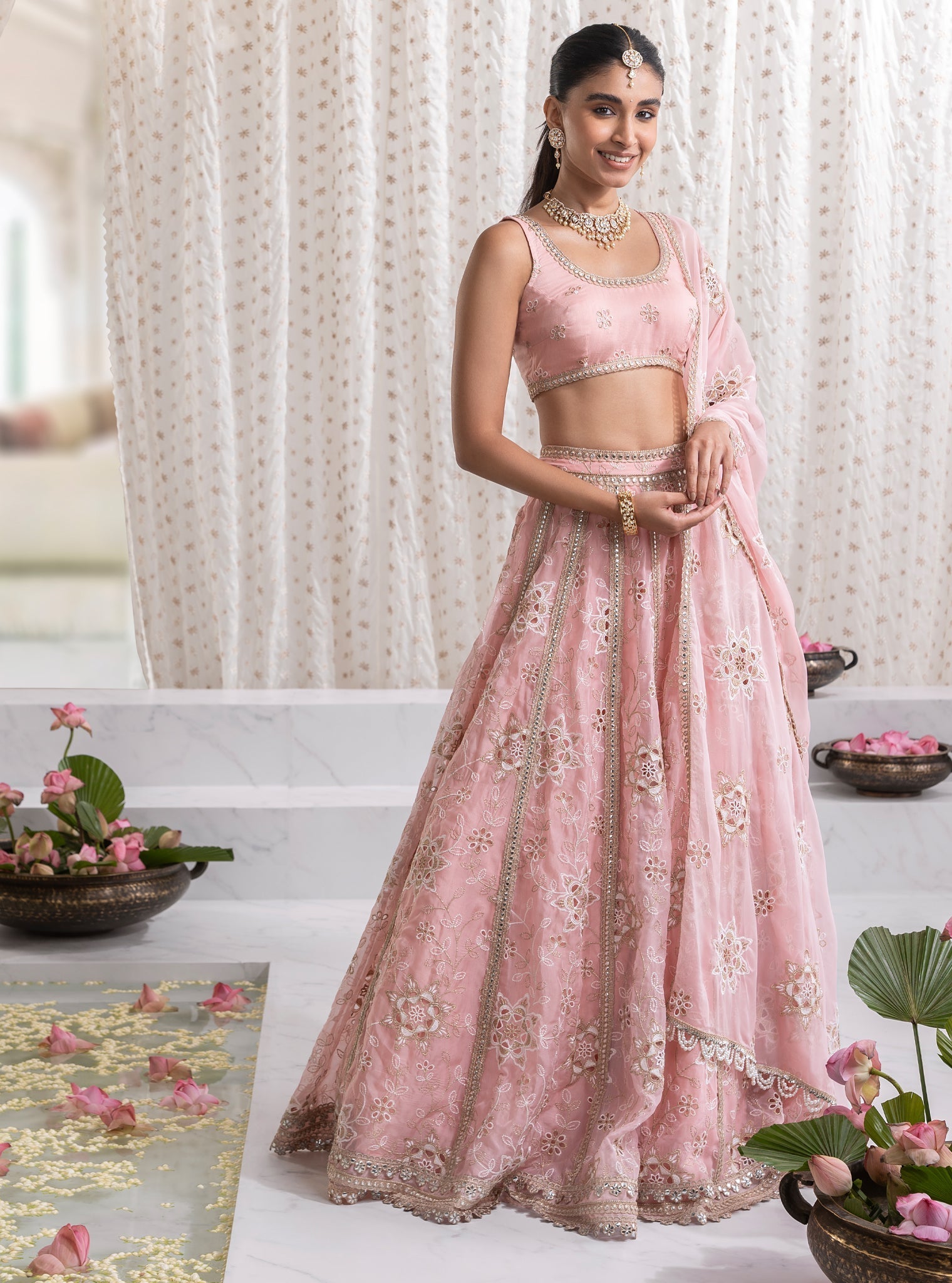 Mulmul Organza Kamali Pink Lehenga