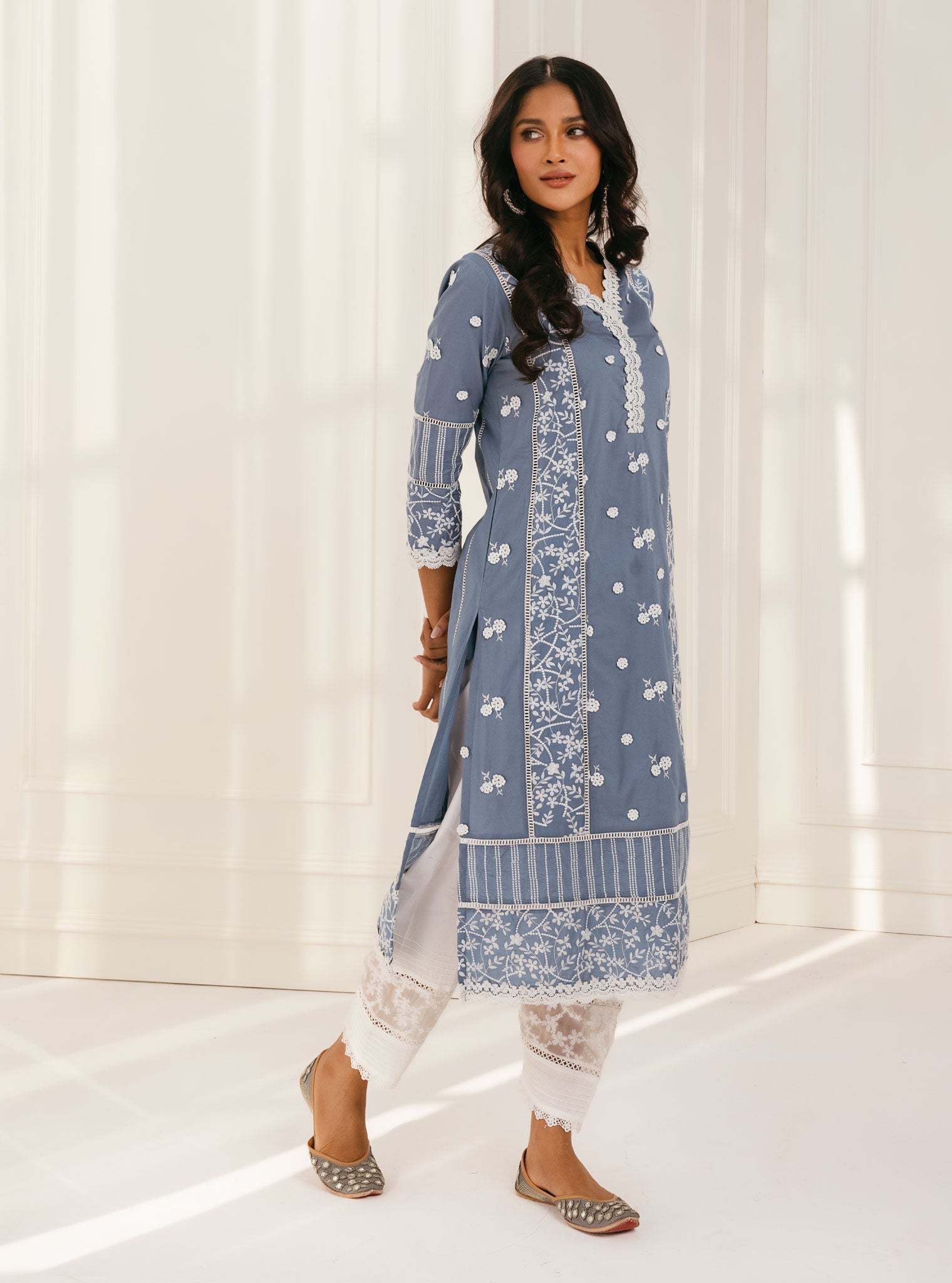 Mulmul Supima Cotton Kaza Blue Kurta