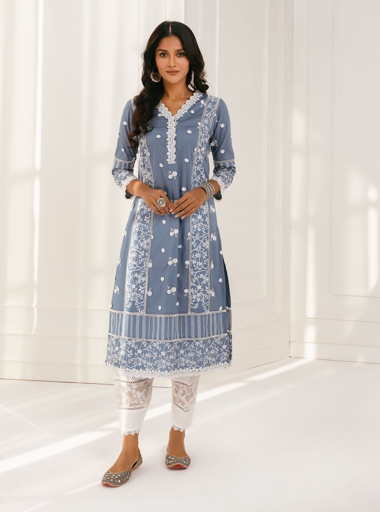 Mulmul Cotton Kaza Blue Kurta With Floral Organza Panelled White Salwar