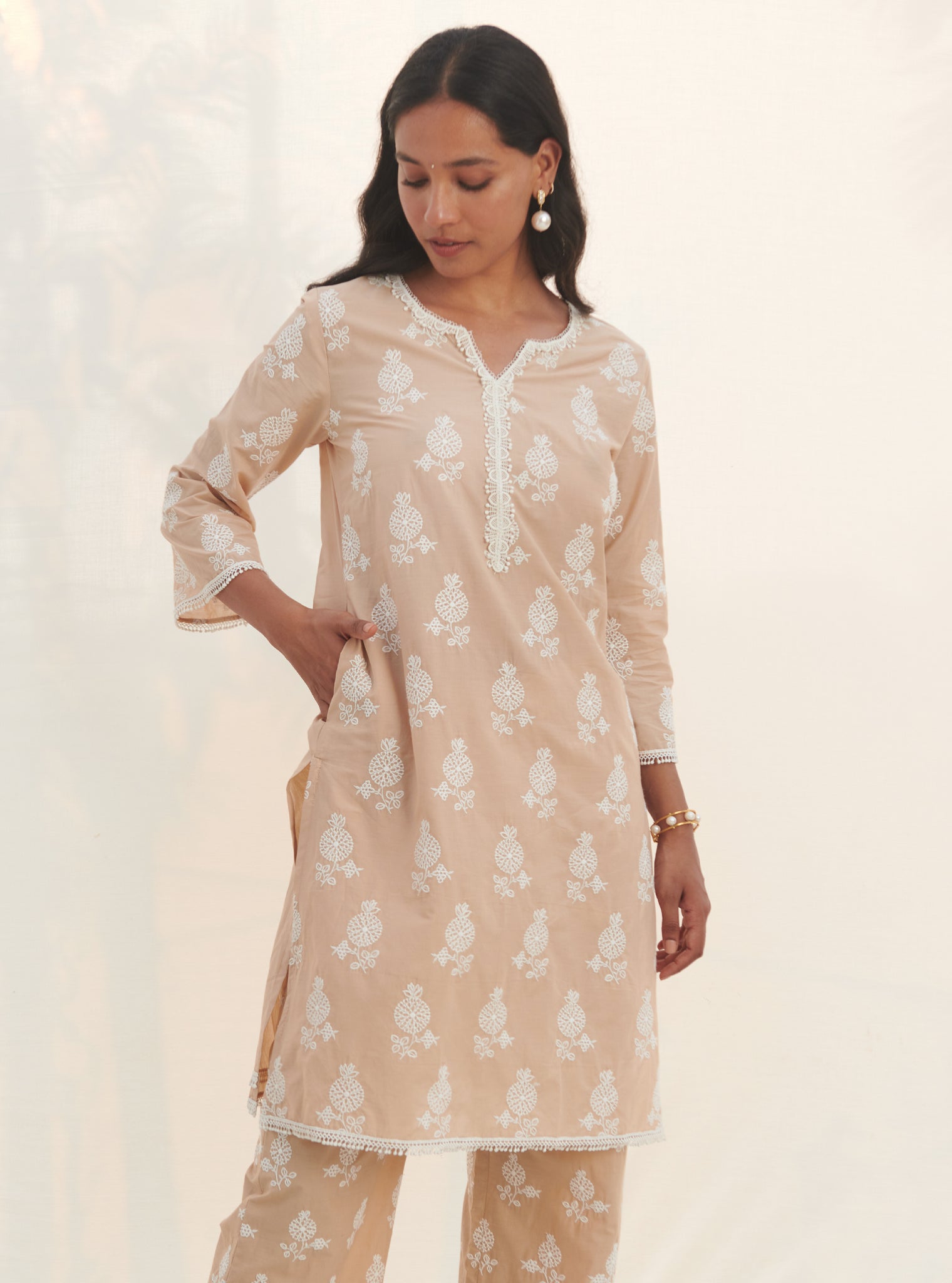 Mulmul Cotton Kelil Beige Kurta With Mulmul Cotton Kelil beige Pant