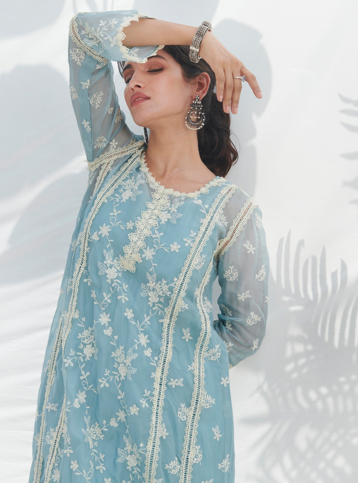 Mulmul Organza Keri Blue Kurta With Mulmul Cotton Keri Blue Pant