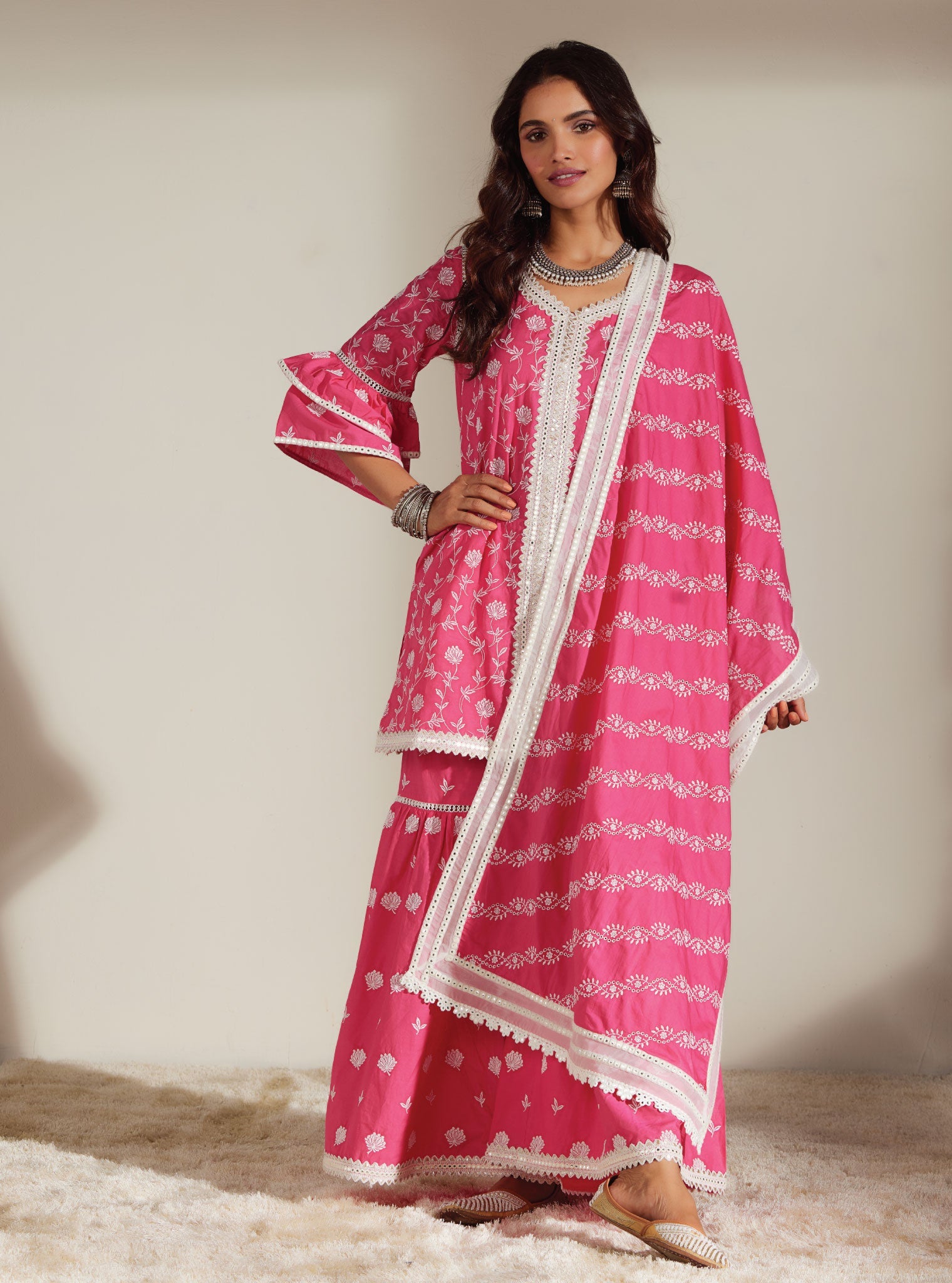 Mulmul Cotton Keziah Pink Kurta With Keziah Pink Garara