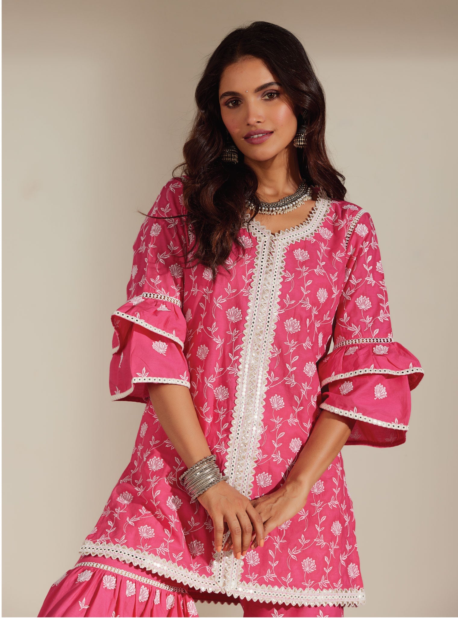 Mulmul Cotton Keziah Pink Kurta With Keziah Pink Garara