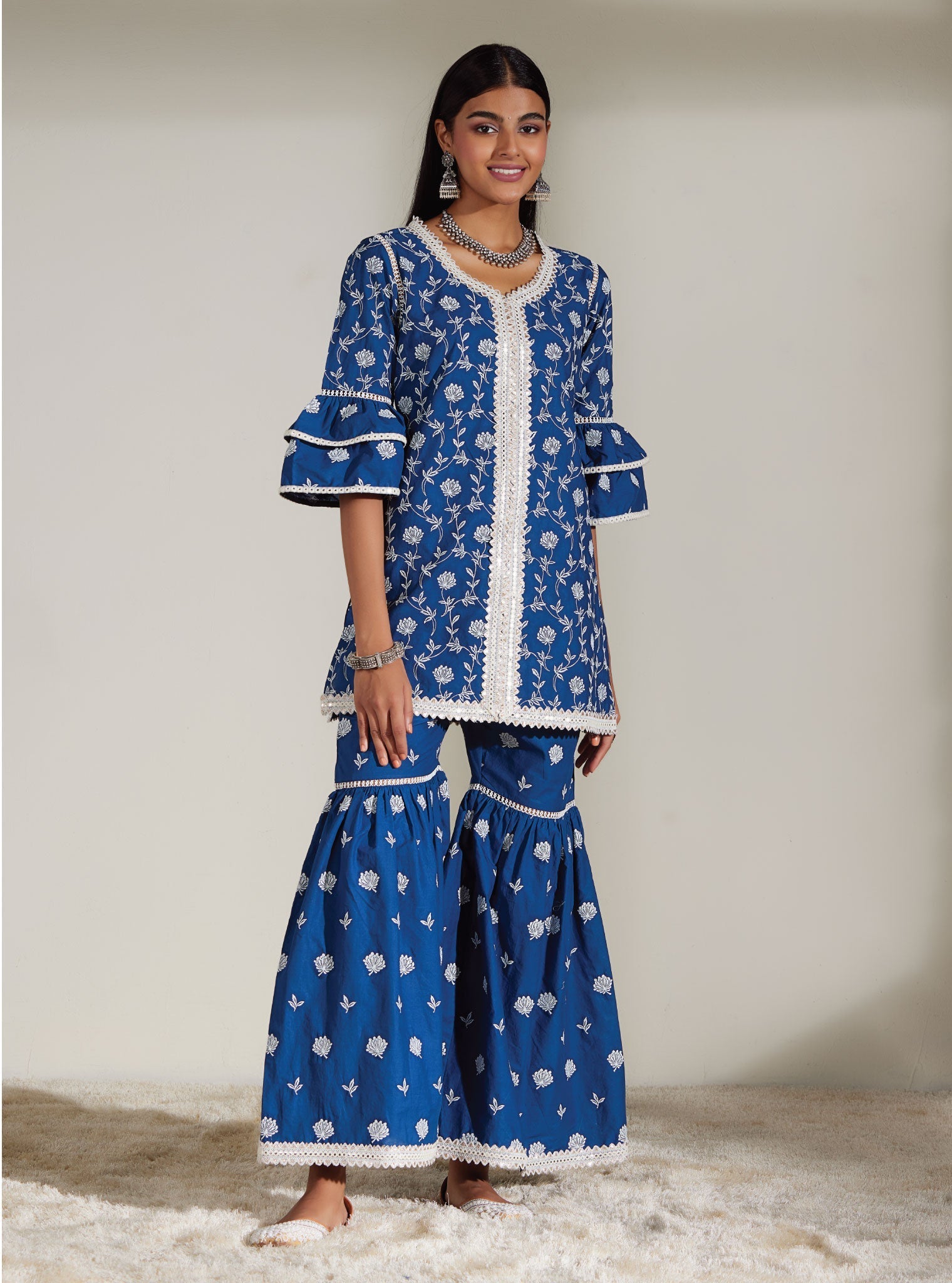 Mulmul Cotton Keziah Navy Kurta With Keziah Navy Garara