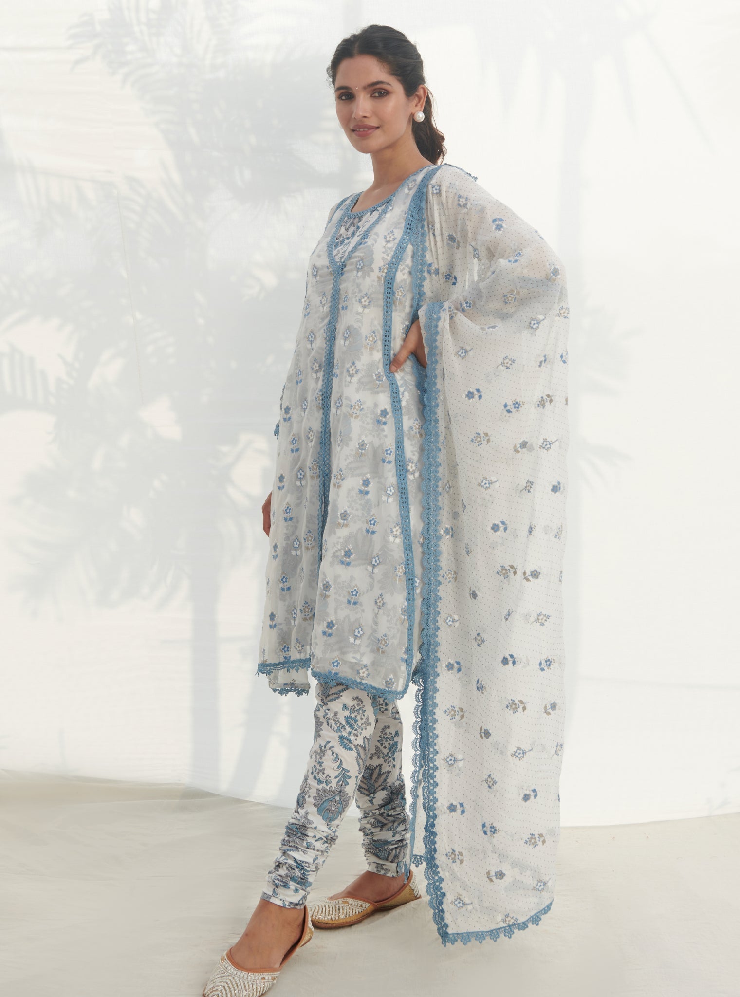 Mulmul Organza Leilani Blue Kurta With Mulmul Cotton Leilani Churidar Blue Pyajami