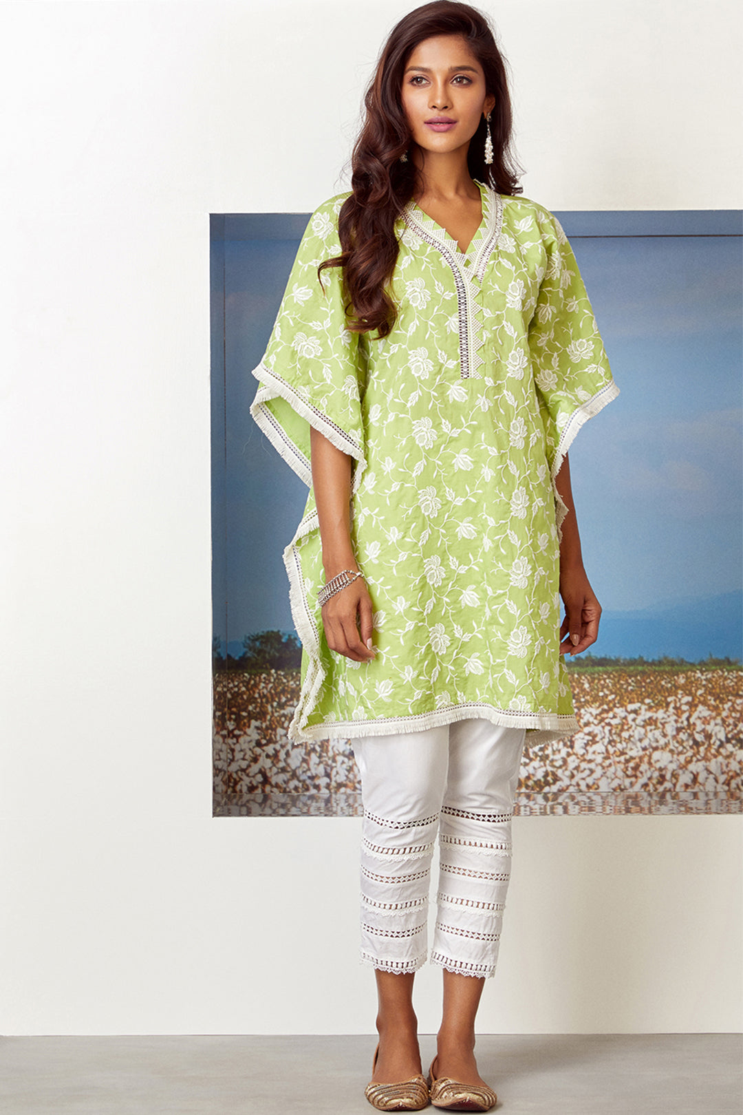 Mulmul Cotton Lotuspond Lime Green Kurta With Ladder Lace White Pyajama