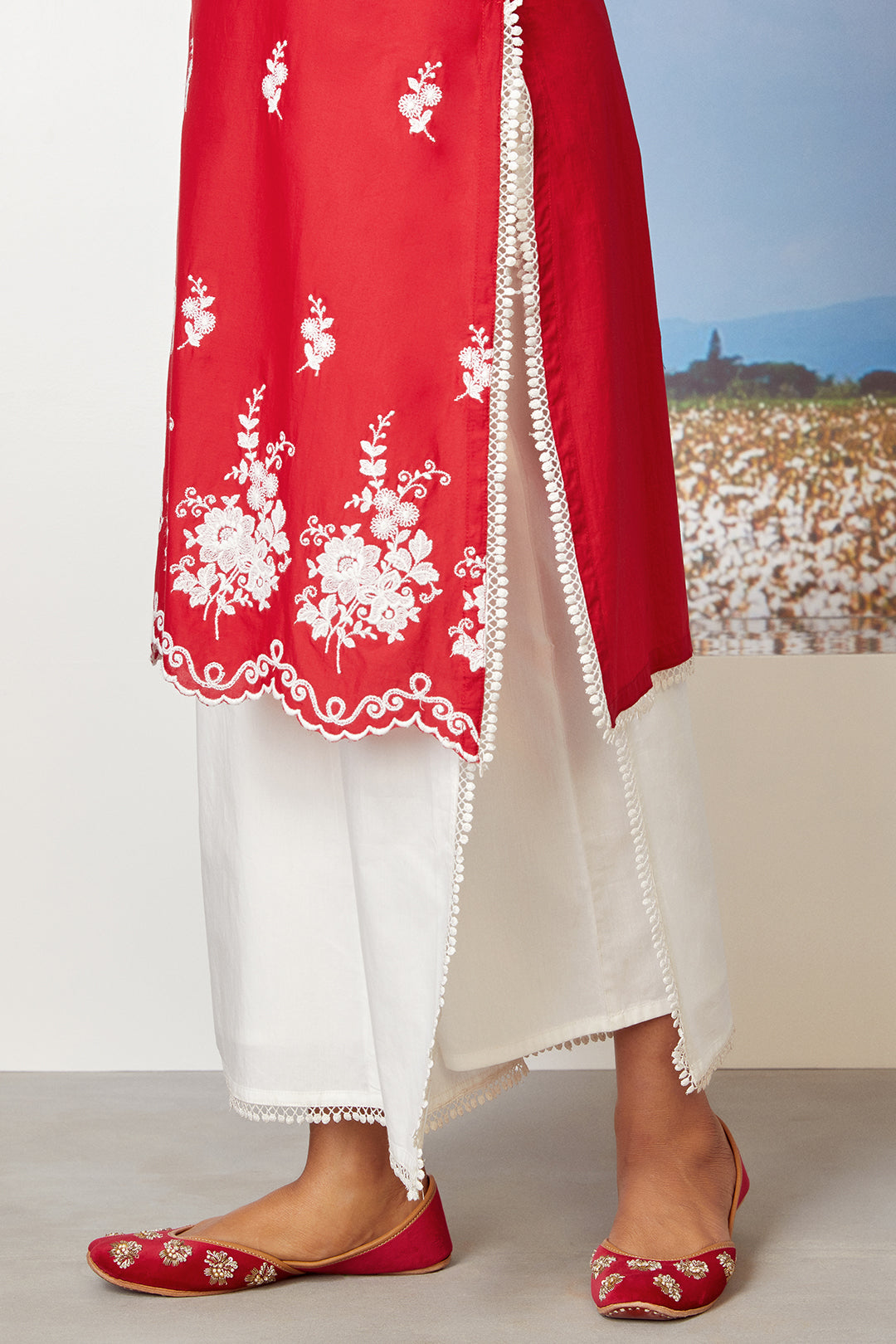 Mulmul Cotton Lovesong RedKurta With Flap White Pyajama