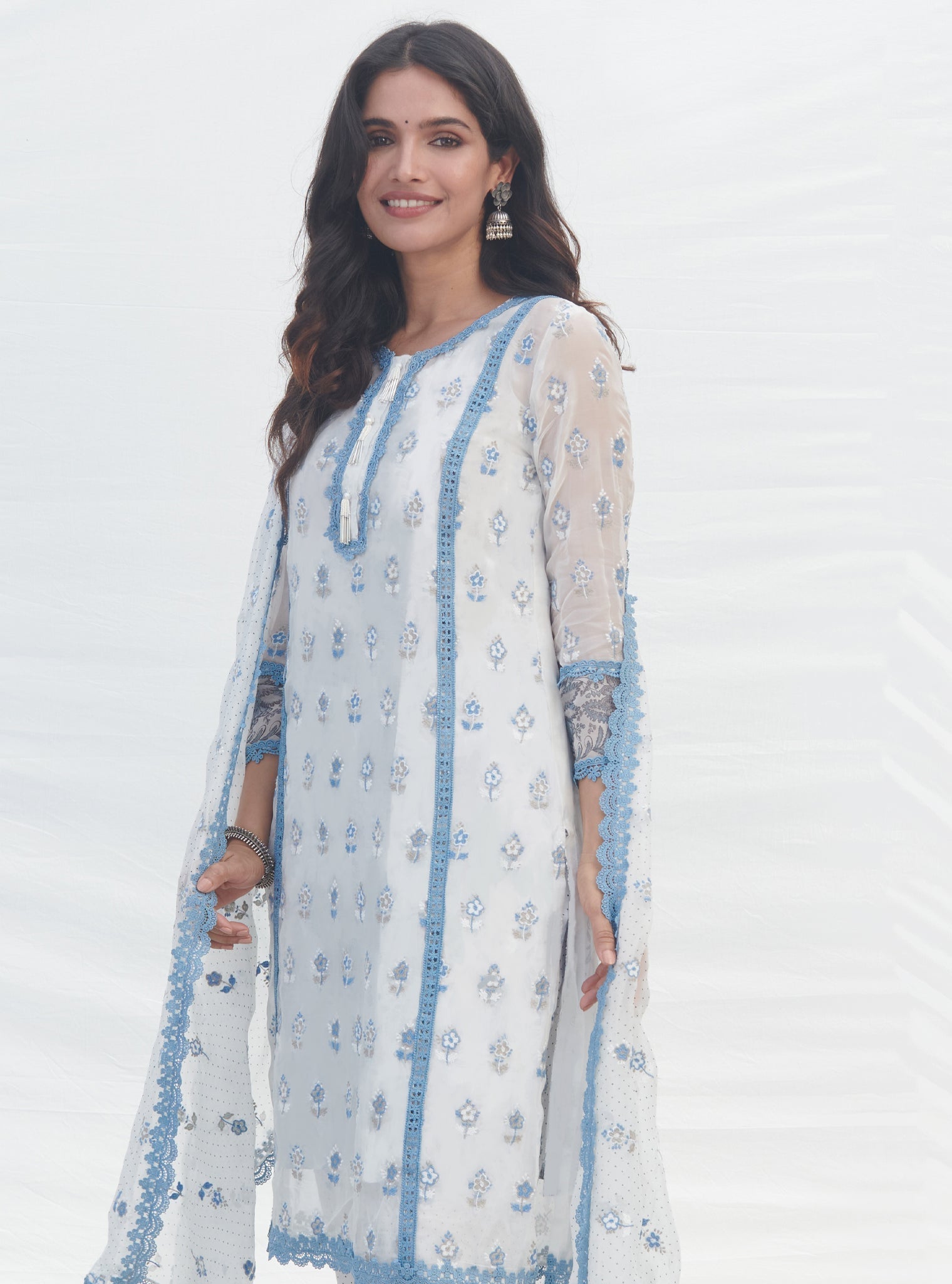 Mulmul Organza Laine Blue Kurta With Mulmul Cotton Laine Blue Pant