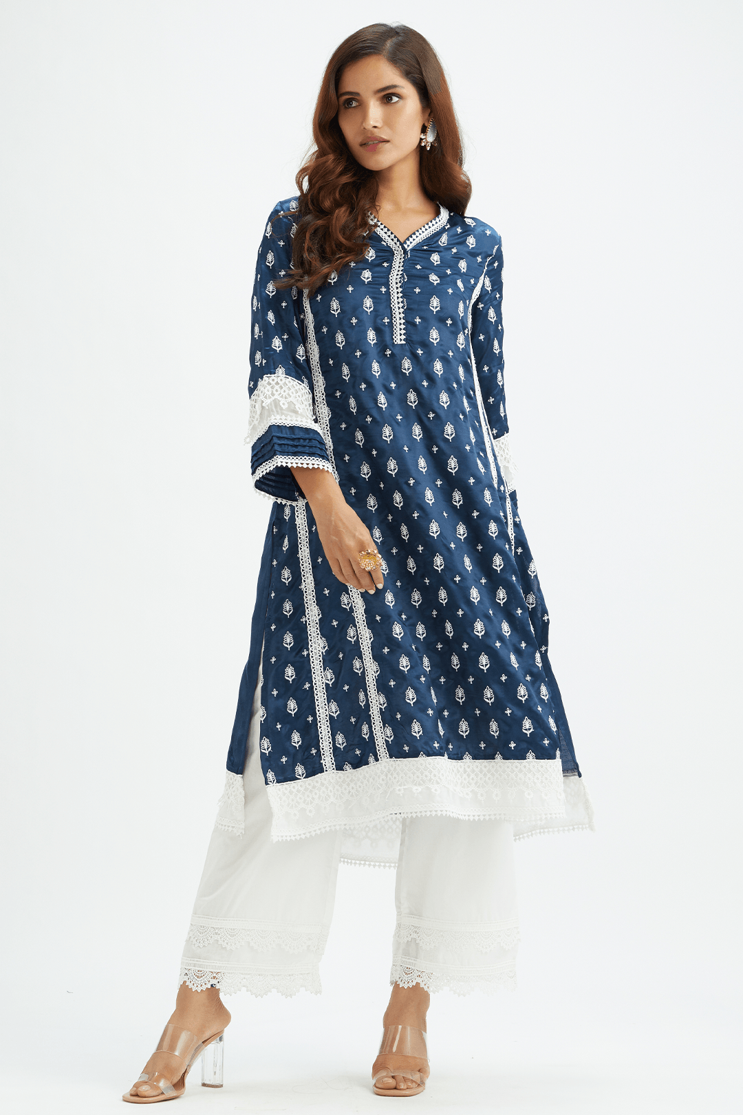 Mulmul CUPRO SATIN LAKESHORE KURTA With COTTON TWO LACE PALAZZO