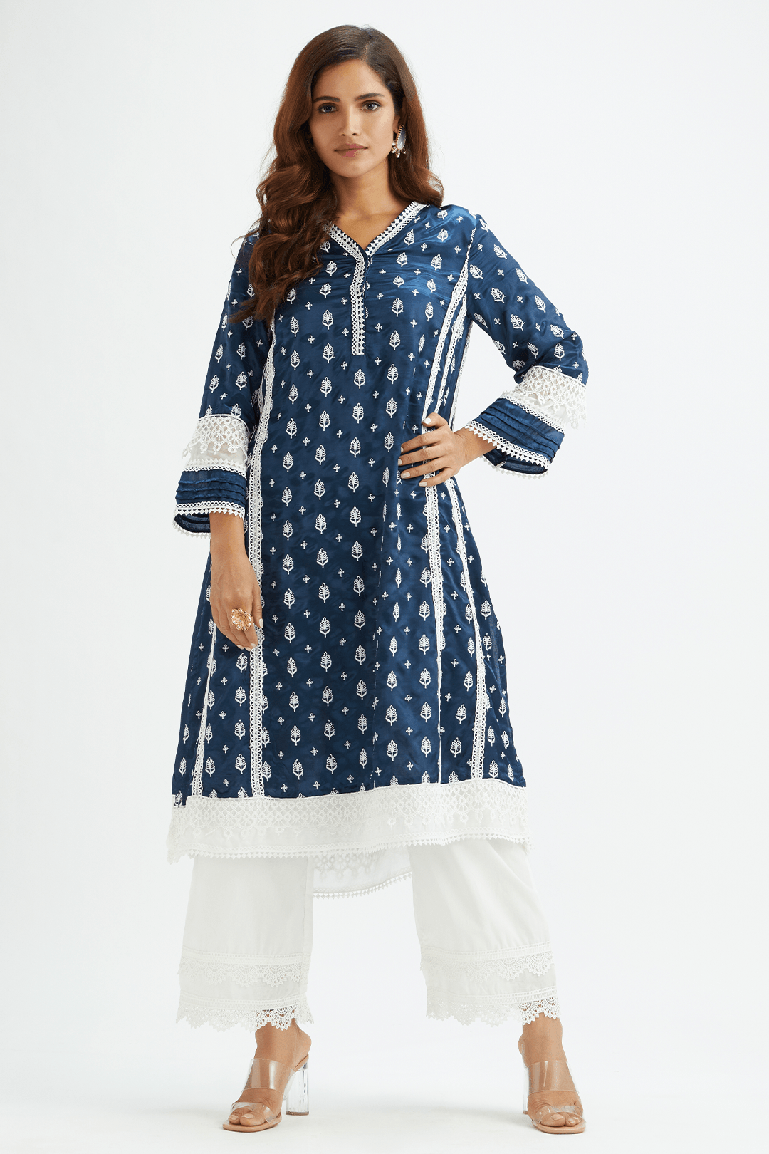 Mulmul CUPRO SATIN LAKESHORE KURTA With COTTON TWO LACE PALAZZO