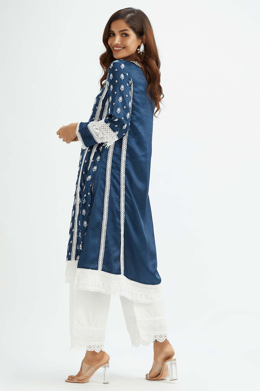 Mulmul CUPRO SATIN LAKESHORE KURTA With COTTON TWO LACE PALAZZO