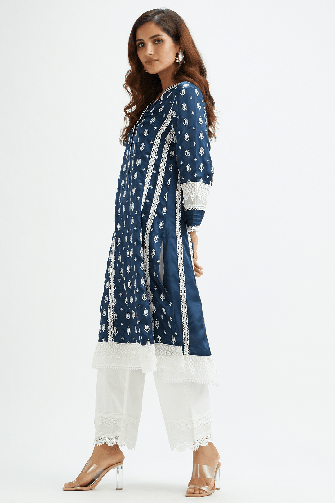 Mulmul CUPRO SATIN LAKESHORE KURTA With COTTON TWO LACE PALAZZO