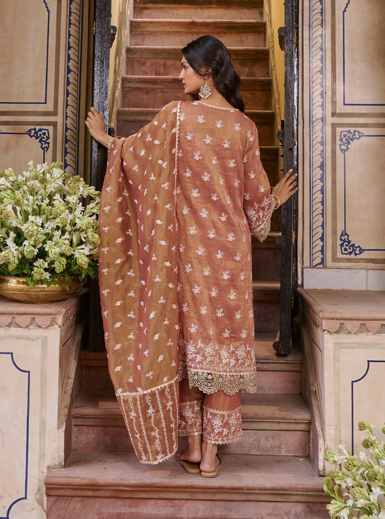 Mulmul Luxe Tissue Satin Chaleya Old Rose Kurta with Mulmul Tissue Satin Chaleya Old Rose Pant