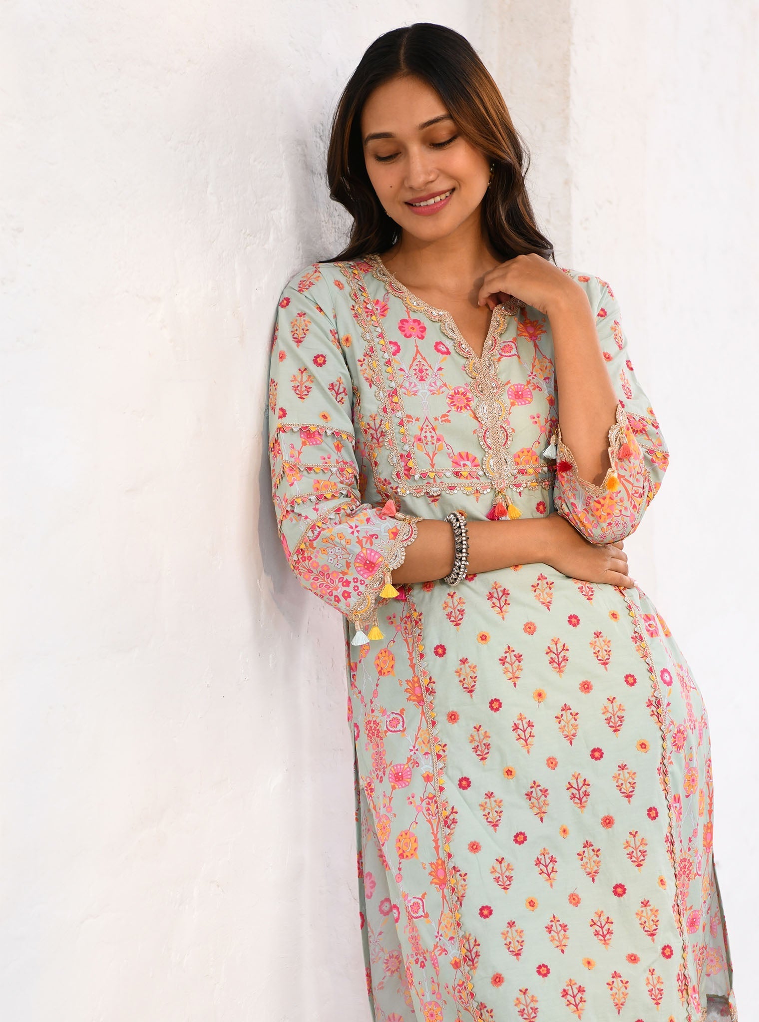 Mulmul Cotton Lexi Green Kurta With Lexi Green Pant