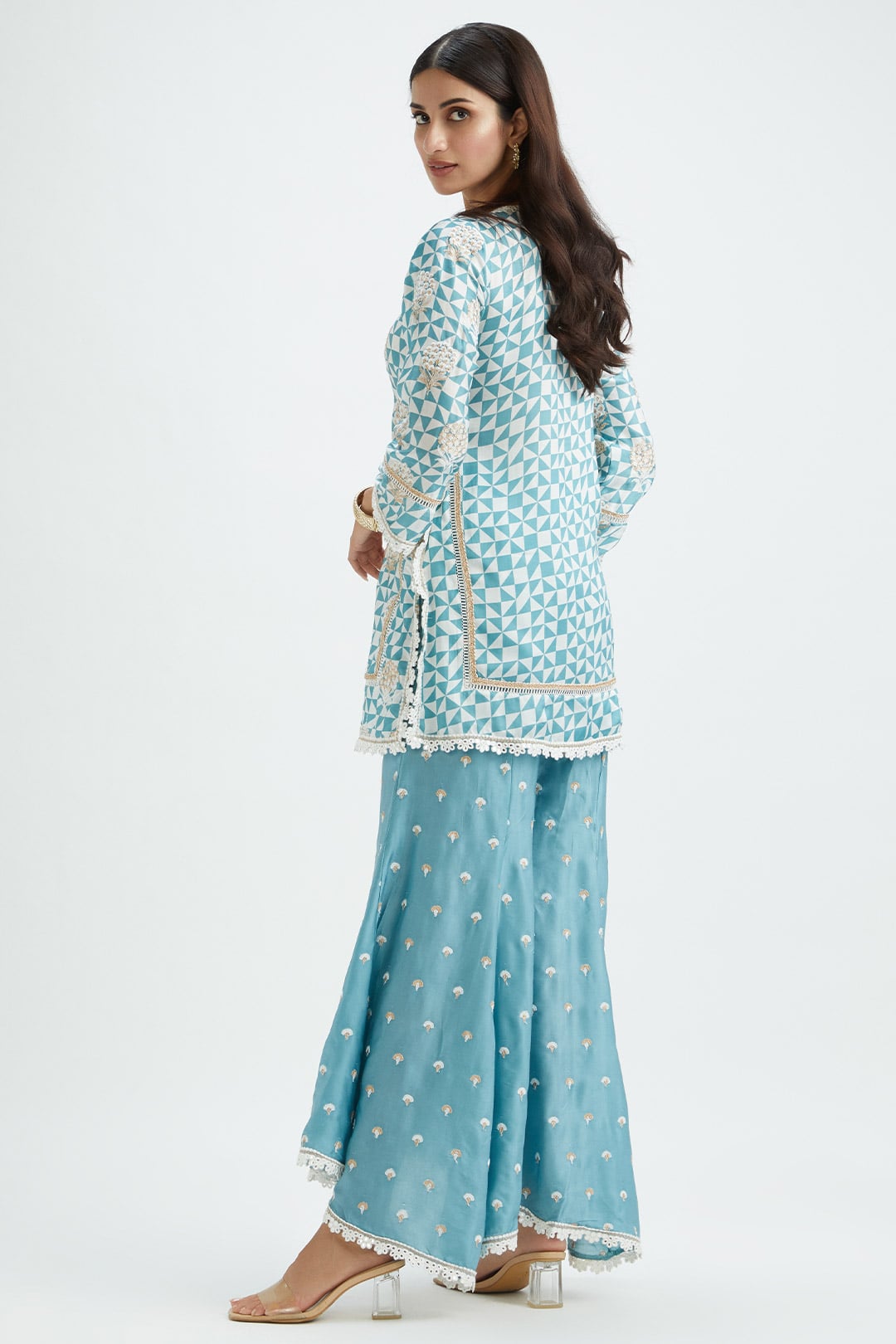 Mulmul Cupro Silk Leyton Teal Kurta With Leyton Teal Pallazo