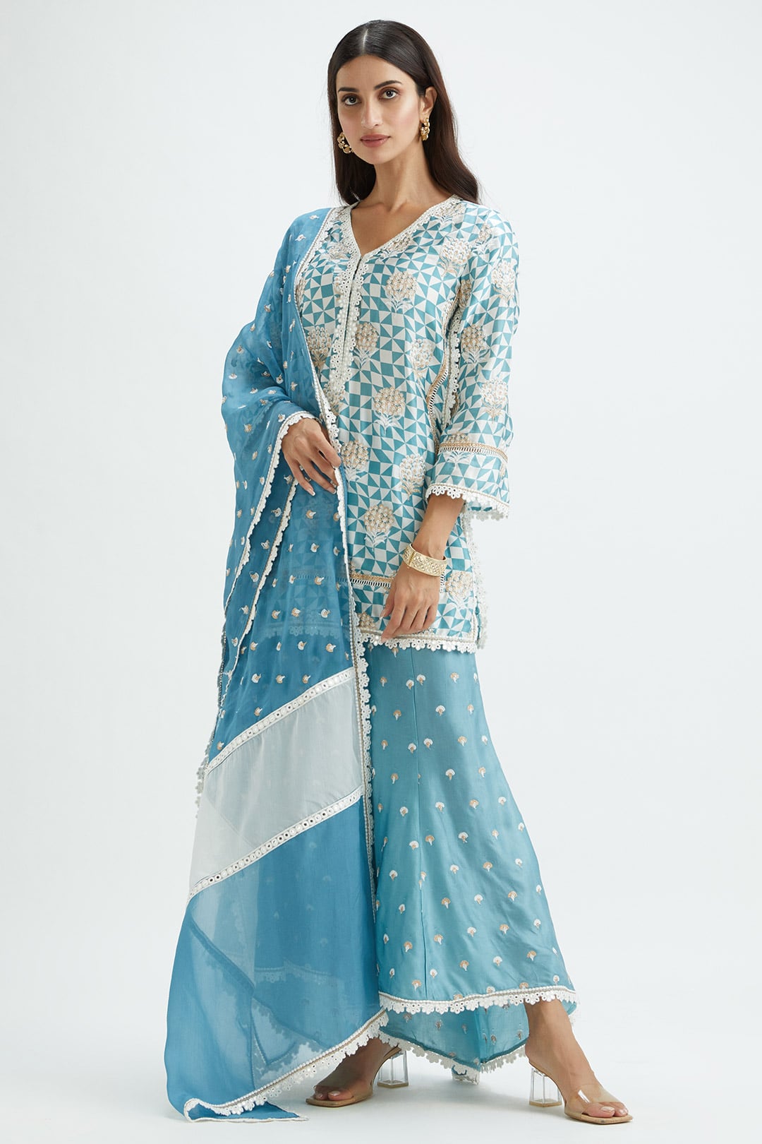 Mulmul Cupro Silk Leyton Teal Kurta With Leyton Teal Pallazo