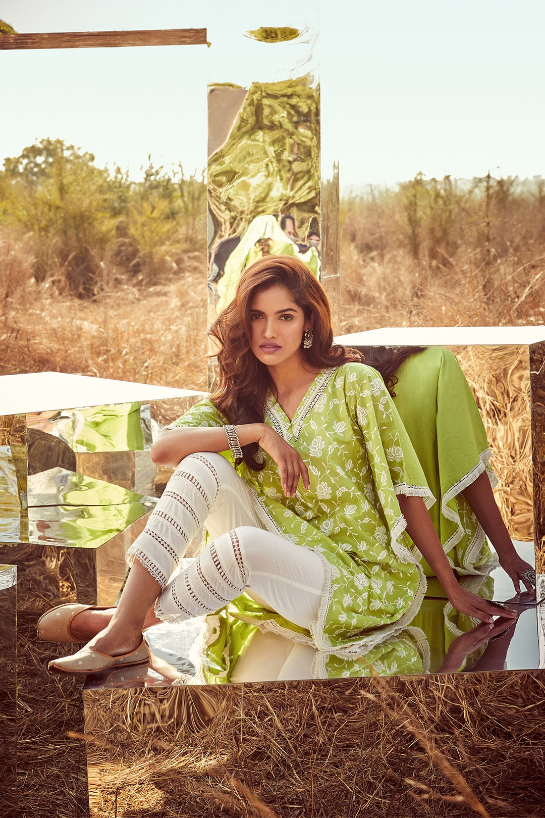 Mulmul Cotton Lotuspond Lime Green Kurta With Ladder Lace White Pyajama