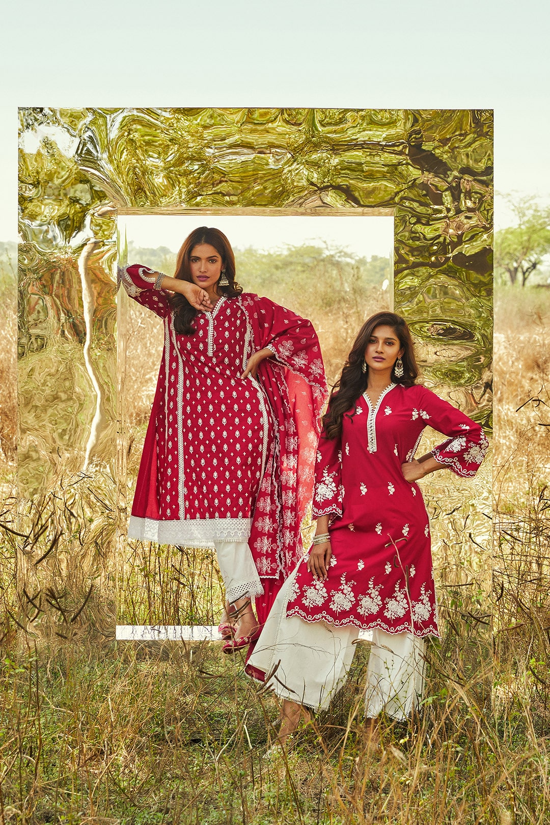 Mulmul Cotton Lovesong RedKurta With Flap White Pyajama