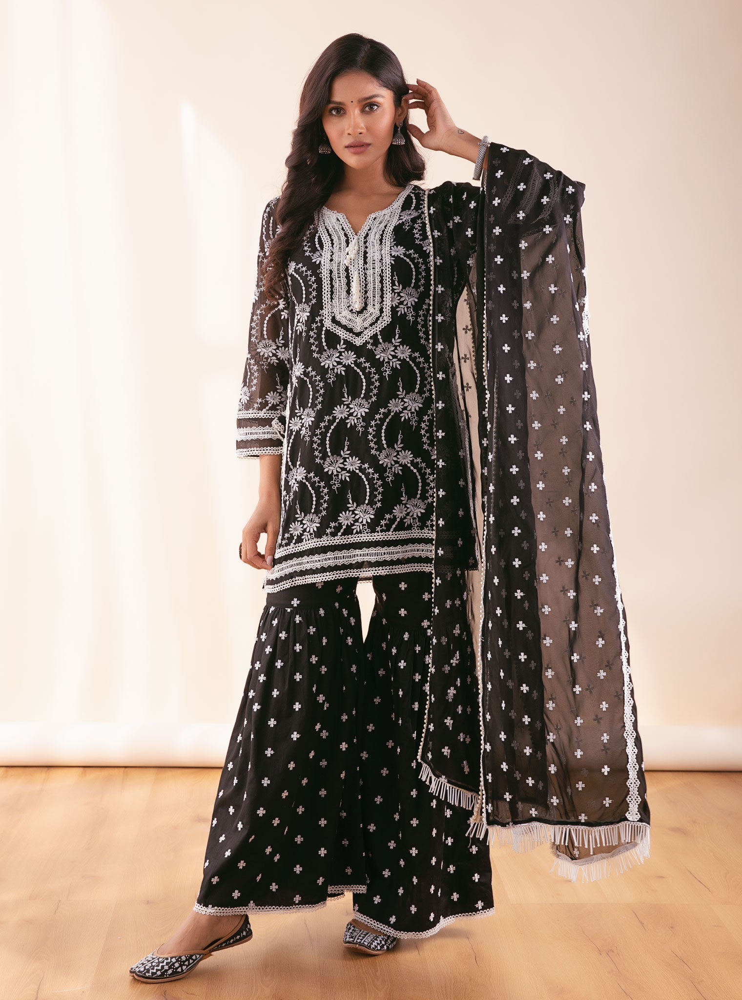 Mulmul Organza Luna Black Kurta With Supima Cotton Luna Black Garara