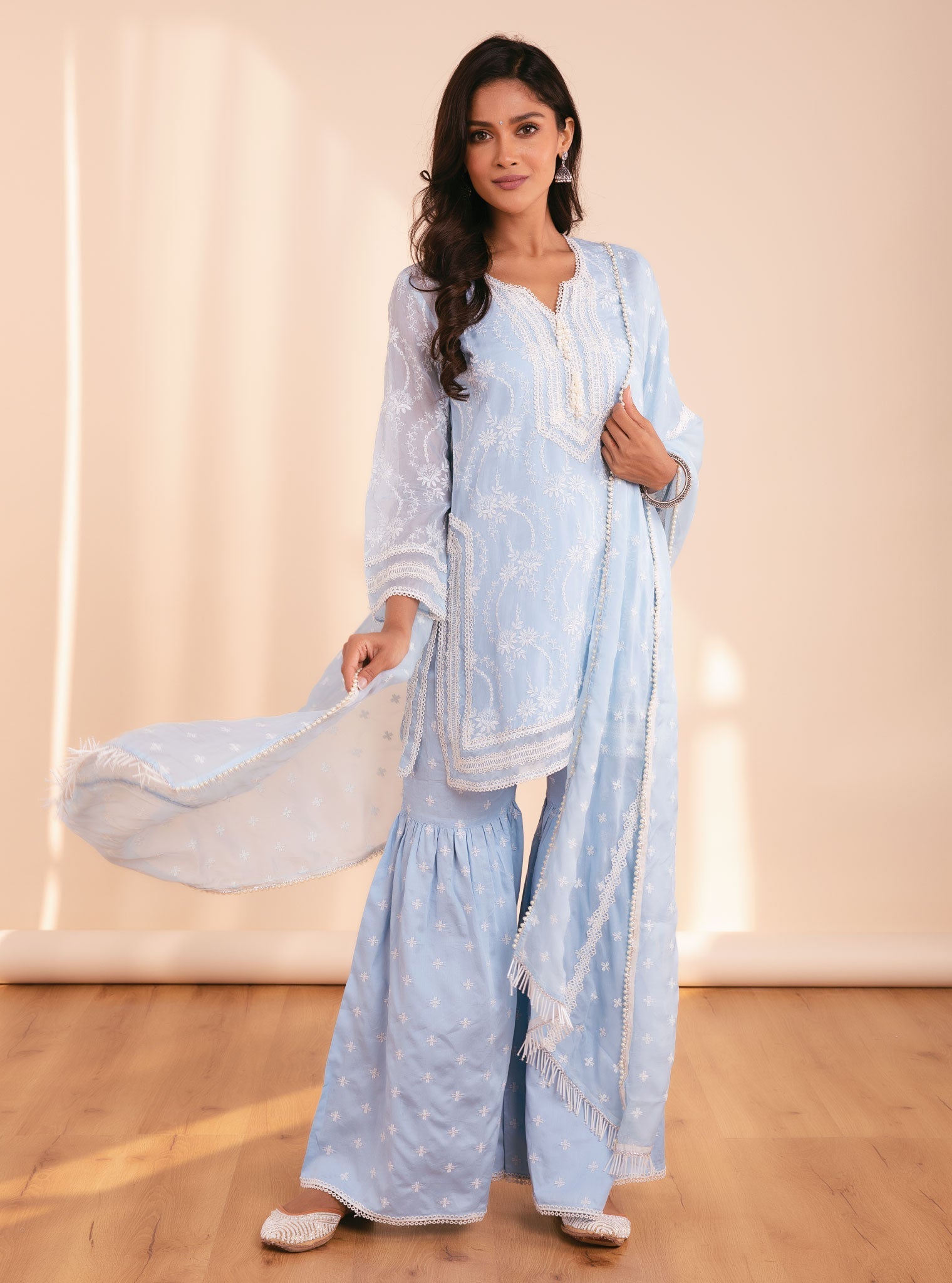 Mulmul Organza Luna Blue Kurta With Supima Cotton Luna Blue Garara