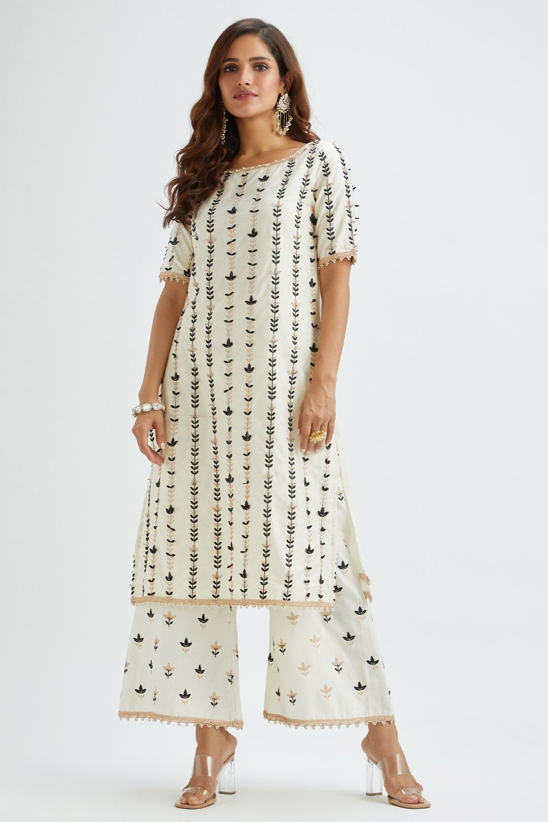 Mulmul Supima Satin Lynn Off White Kurta With Lynn Off White Pant