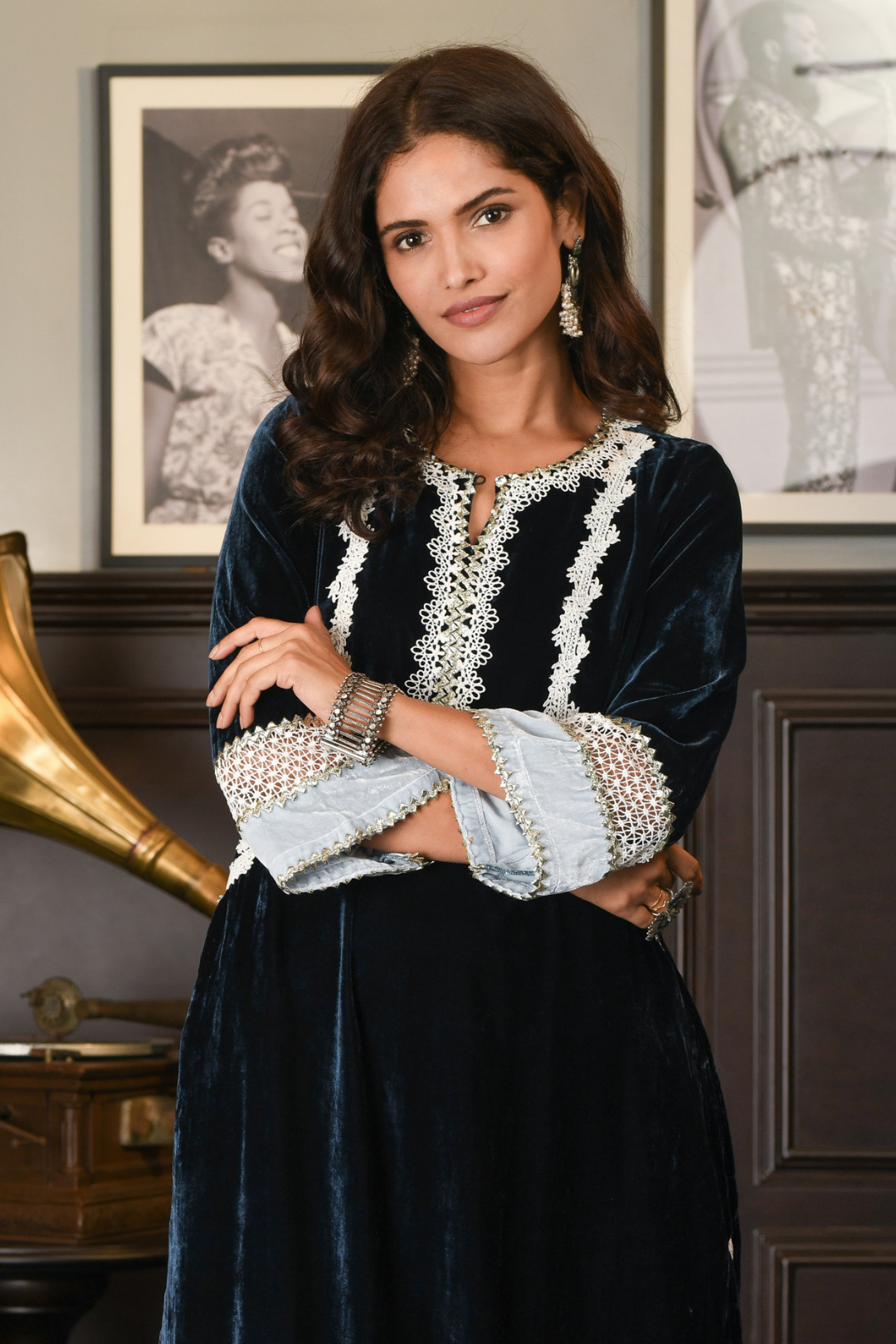 Makhmal Birch Kurta with Olive Navy Pyajama