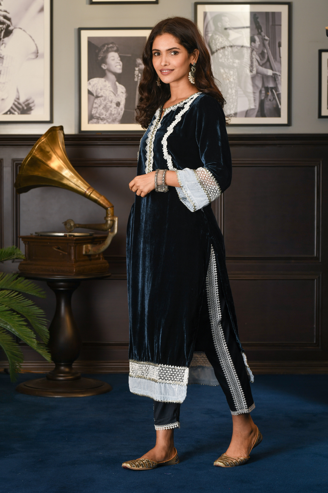Makhmal Birch Kurta with Olive Navy Pyajama