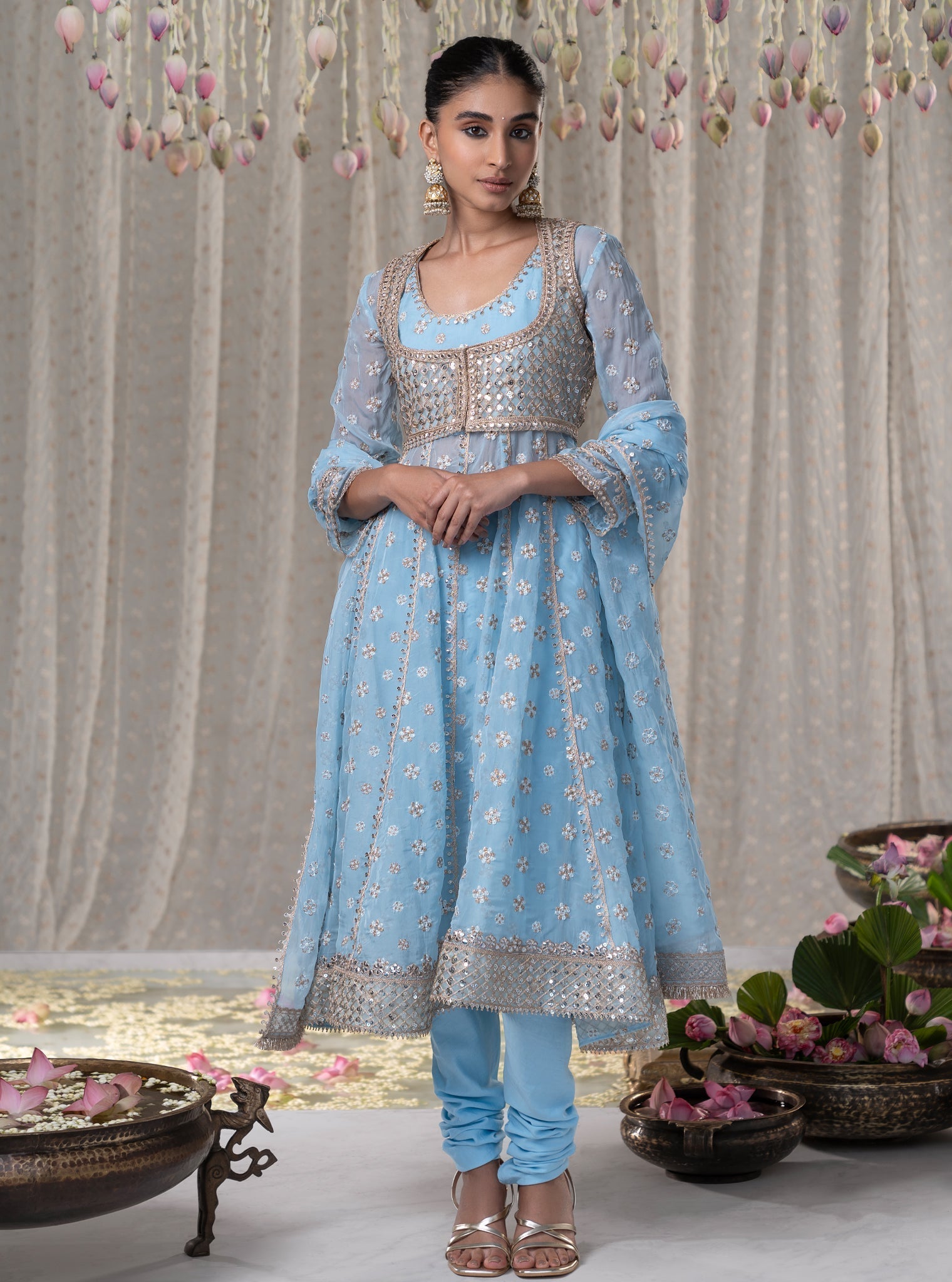 Mulmul Organza Malang Anarkali Blue Kurta With Jacket With Mulmul Pima Malang Blue Churidar Pant