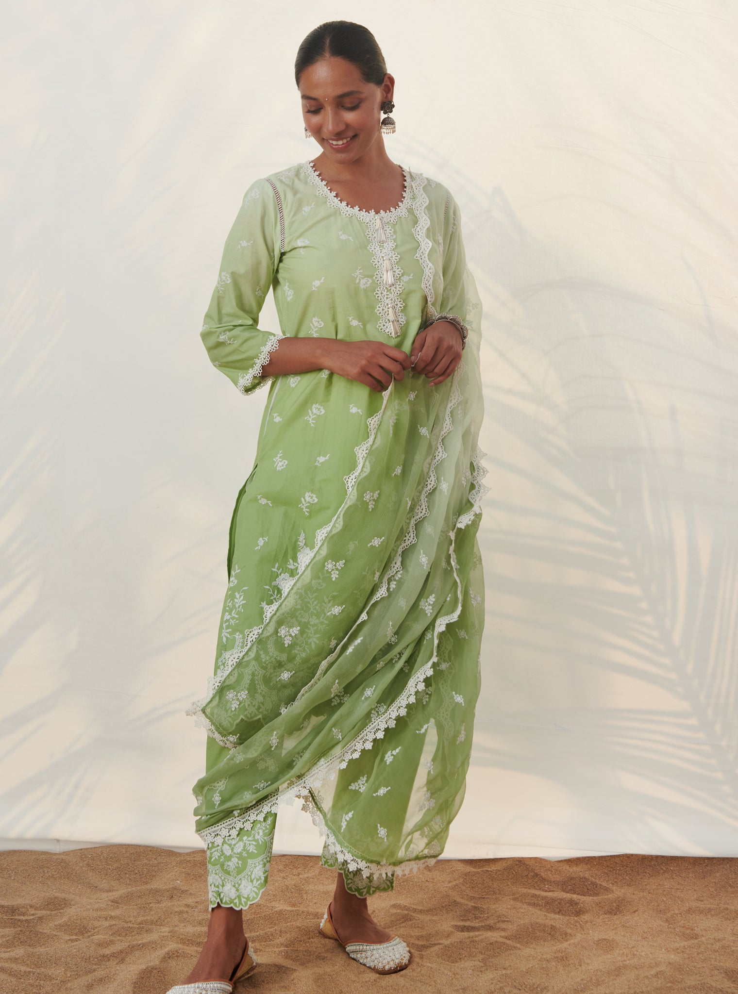 Mulmul Cotton Mandre Green Kurta With Mandre Green Pant